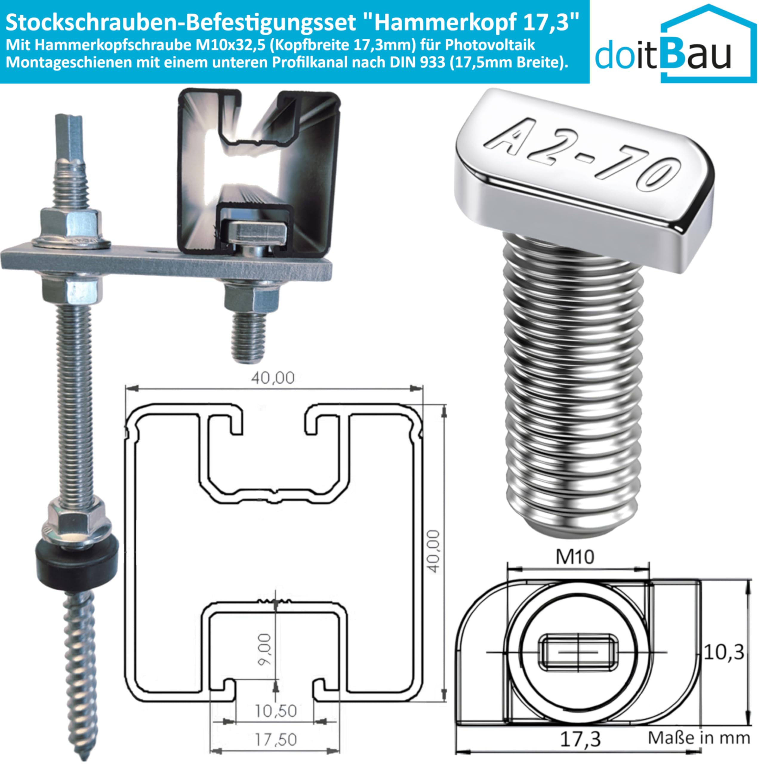 doitBau Kit de montaje para 10 módulos solares en techo trapezoico corrugado de fibra de cemento – Juego de fijación para perfil de 17,5 mm, 40 tornillos de 30 cm, 40 x adaptadores, 40 x tuercas, 40 x