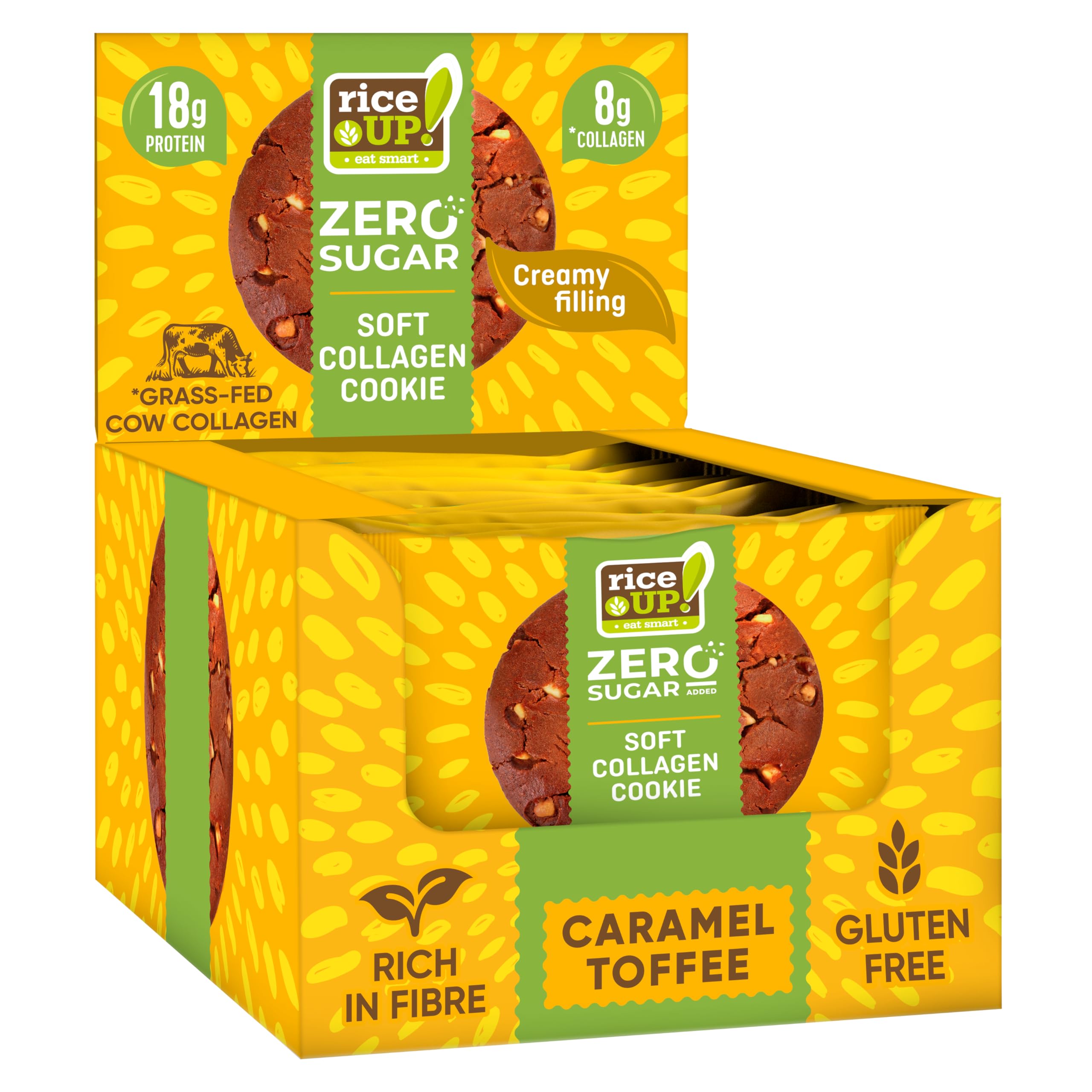RiceUP! Eat Smart Weicher Protein Keks mit Kollagen – Toffee-Caramel-Geschmack, 10 x 60g | 8g Kollagen-Peptide (Typ I+III), 18g Protein, ohne Zuckerzusatz | GLUTENFREI (10 x 60g, Toffee)