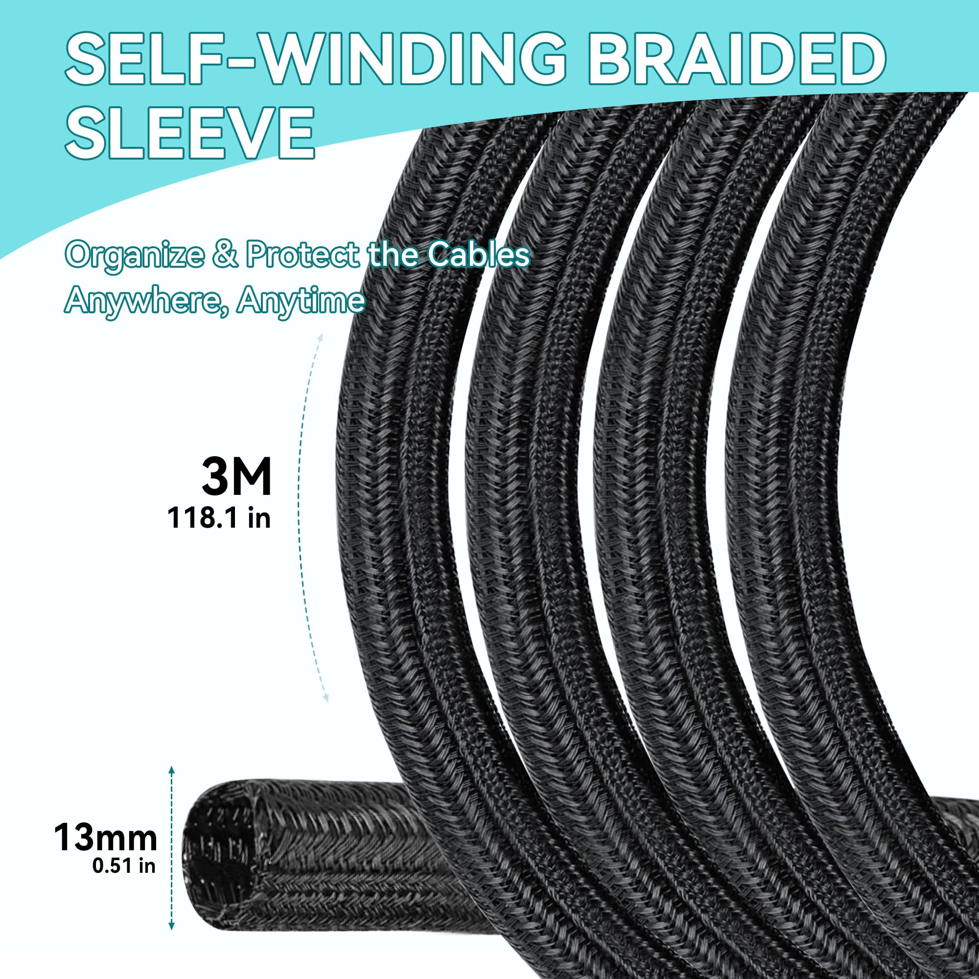 Manicotto per Cavi Ordinato, 13mm(0,51") - 3m(9,84ft) Tubo per Gestione Cavi per PC/TV, Organizzatore per Fili Autoavvolgente per Casa, Ufficio (Nero)