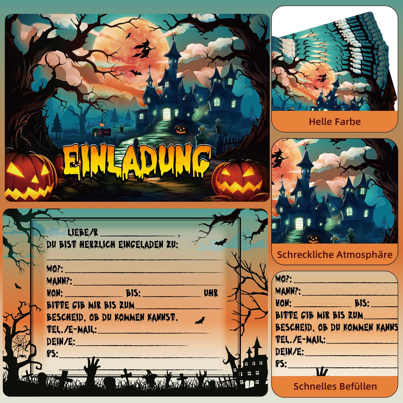 12 Biglietti Di Invito Per Halloween Per Bambini Con Buste E Adesivi – Tema Zucca, Strega E Castello Spettrale – Ideali Per Festa Di Compleanno O Evento Scolastico
