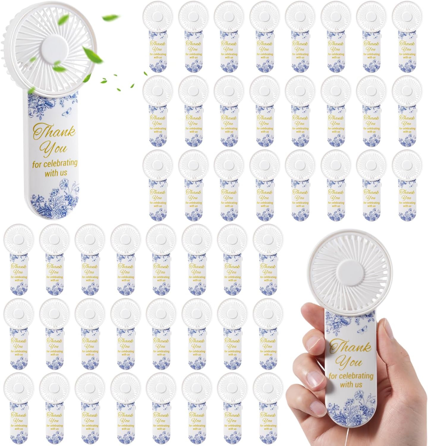50 Pcs Mini Electric Handheld Fans for Wedding Guests Bulk, Portable Wedding Fans Battery Powered with Flower & Thank You for Celebrating with Us Patterns, Battery Not Include (White Blue)