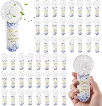 50 Pcs Mini Electric Handheld Fans for Wedding Guests Bulk, Portable Wedding Fans Battery Powered with Flower & Thank You for Celebrating with Us Patterns, Battery Not Include White Blue