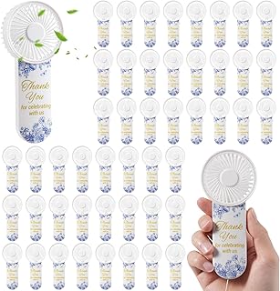 50 Pcs Mini Electric Handheld Fans for Wedding Guests Bulk, Portable Wedding Fans Battery Powered with Flower & Thank You for Celebrating with Us Patterns, Battery Not Include (White Blue)