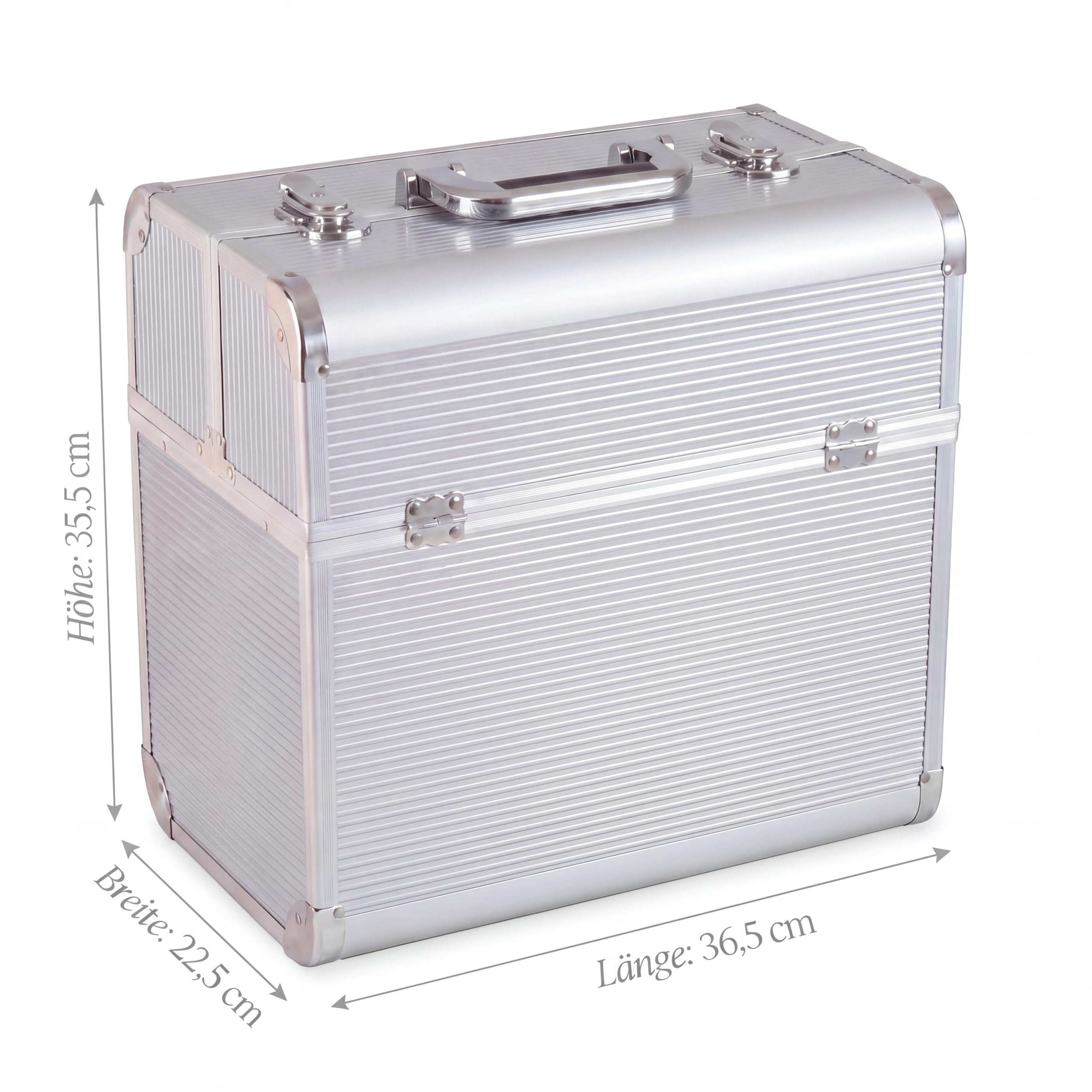 N&BF Kosmetikkoffer Groß Silber Alu abschließbarer Schminkkoffer Beautycase Aluminium Nagelkoffer 4 Ausklappfächern Makeup Koffer 36,5 x 22,5 x 35,5 cm