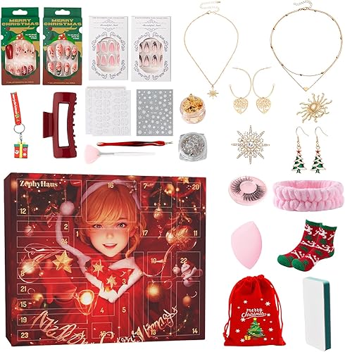 Calendario de Adviento 2025, calendario de cuenta regresiva de belleza de 24 días con uñas a presión, accesorios de uñas y maquillaje, regalo ideal