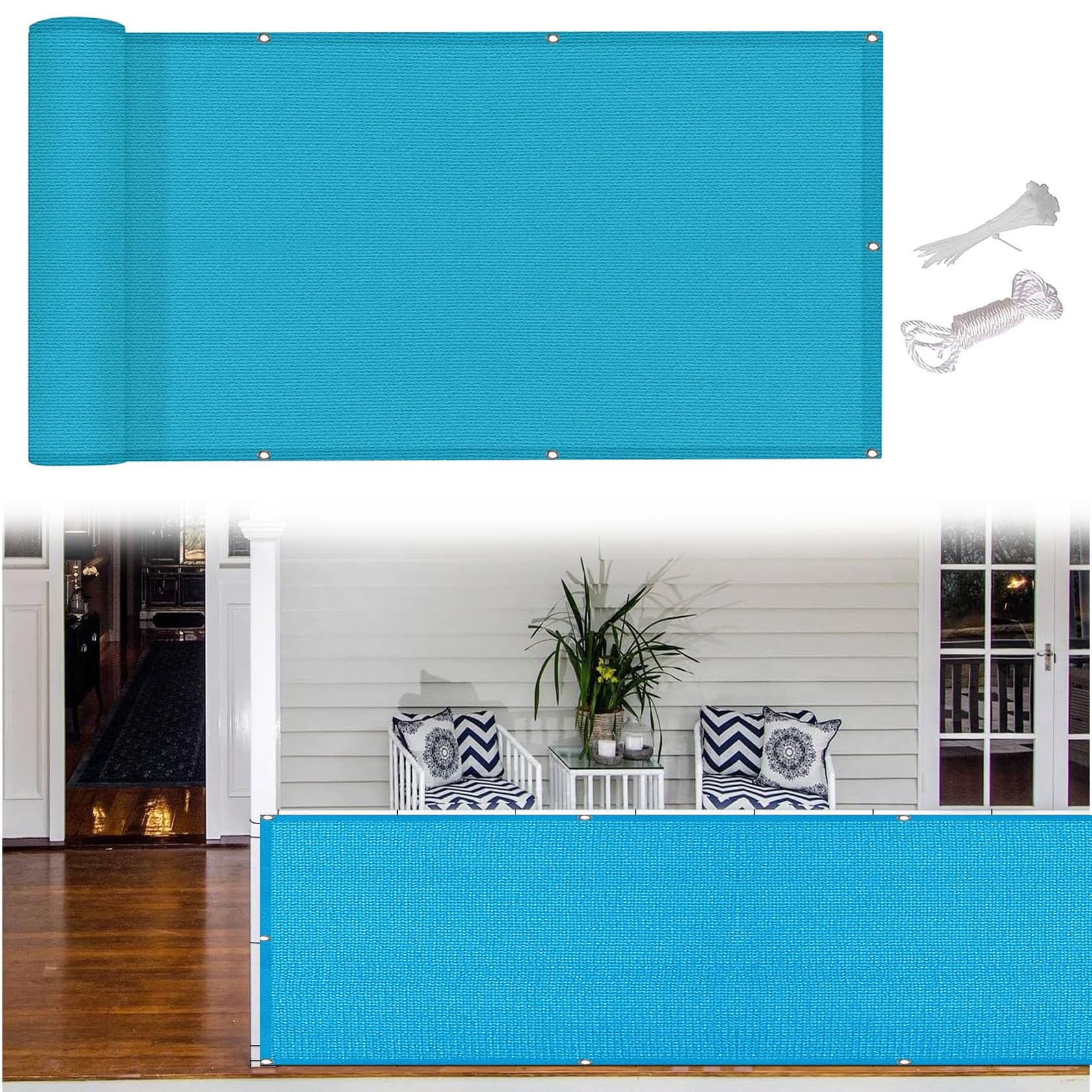 Balcony Privacy Screen Cover 40 x 750 cm(16 x 295inch) Weatherproof UV Protection Balcony Cover for Shade Railing Shield Mesh with Holes for Deck, Backyard, Patio, Blue