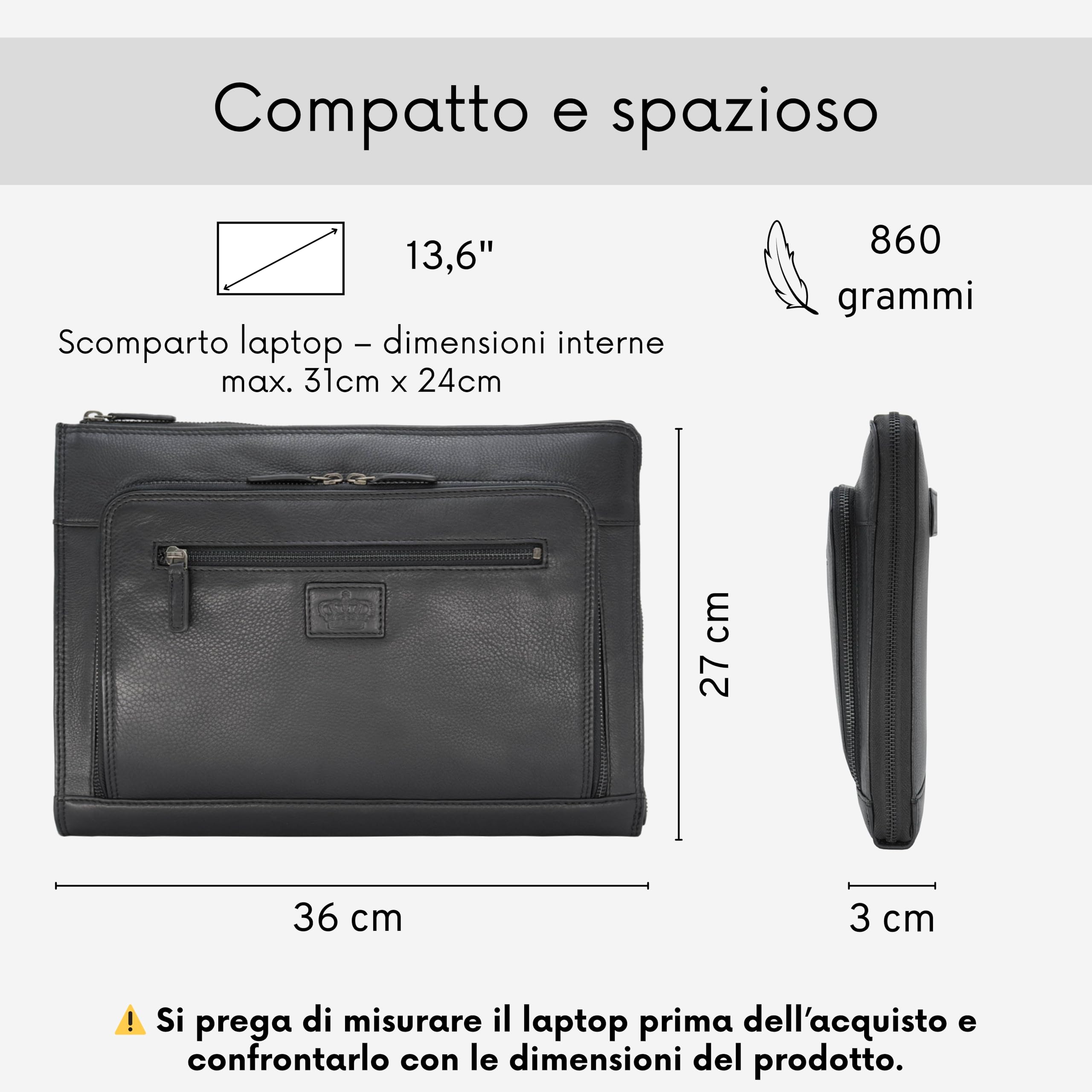 Baur - Borsa per notebook in vera pelle, per computer portatile fino a 13,3 pollici, realizzata a mano, con design sottile, pratica tasca frontale
