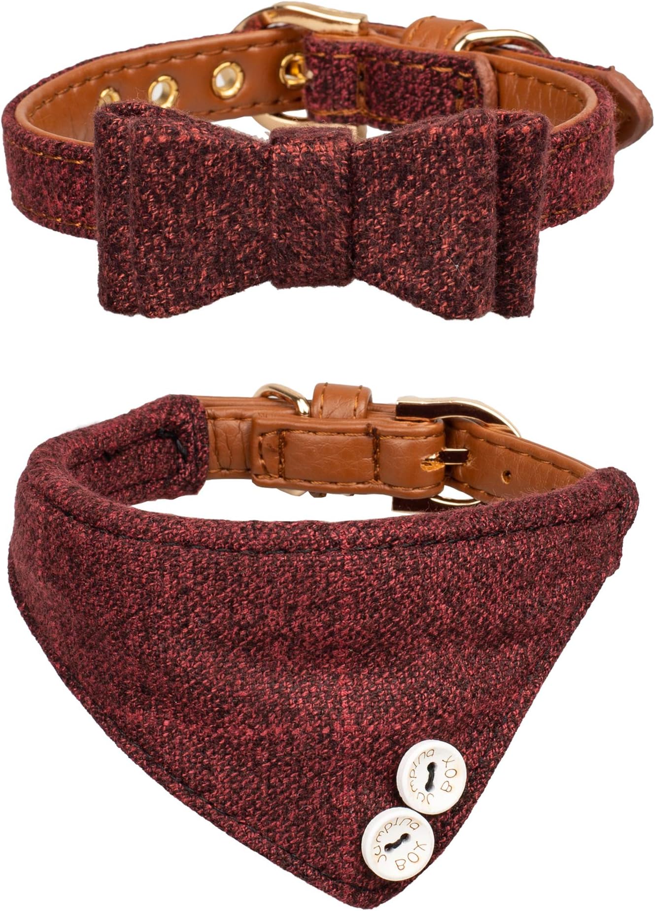 Small Dog Collar Set, 2Pcs Puppy Cat Collar with Bow Tie & Bandana, Durable PU Leather Canvas Tiny Pet Scarf for Small Breed Pets red Classic