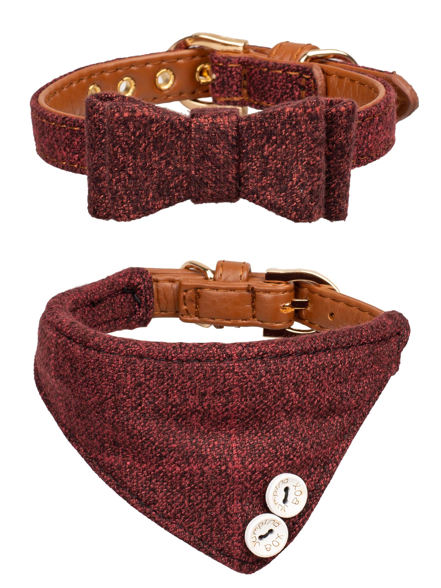 Small Dog Collar Puppy Cat Tiny Pet Bow Tie & Bandana 2pcs Set PU Leather Canvas Scarf Durable red Classic