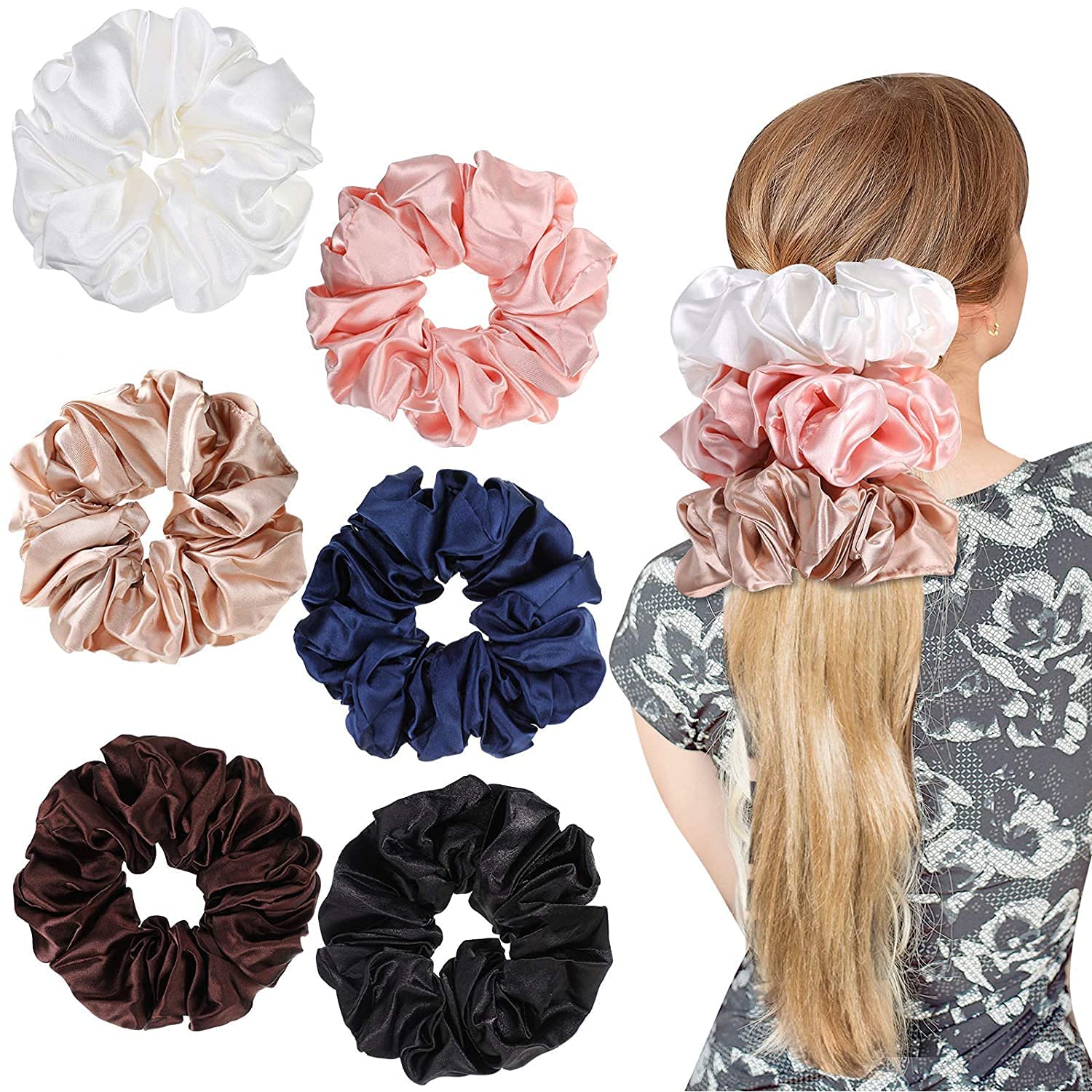 Bhadani Sales Big Satin Scrunchies for Women Large Scrunchie Blue Satin Hair Ties Oversized Thick Elastic Jumbo Hair Scrunchies 6 Pack