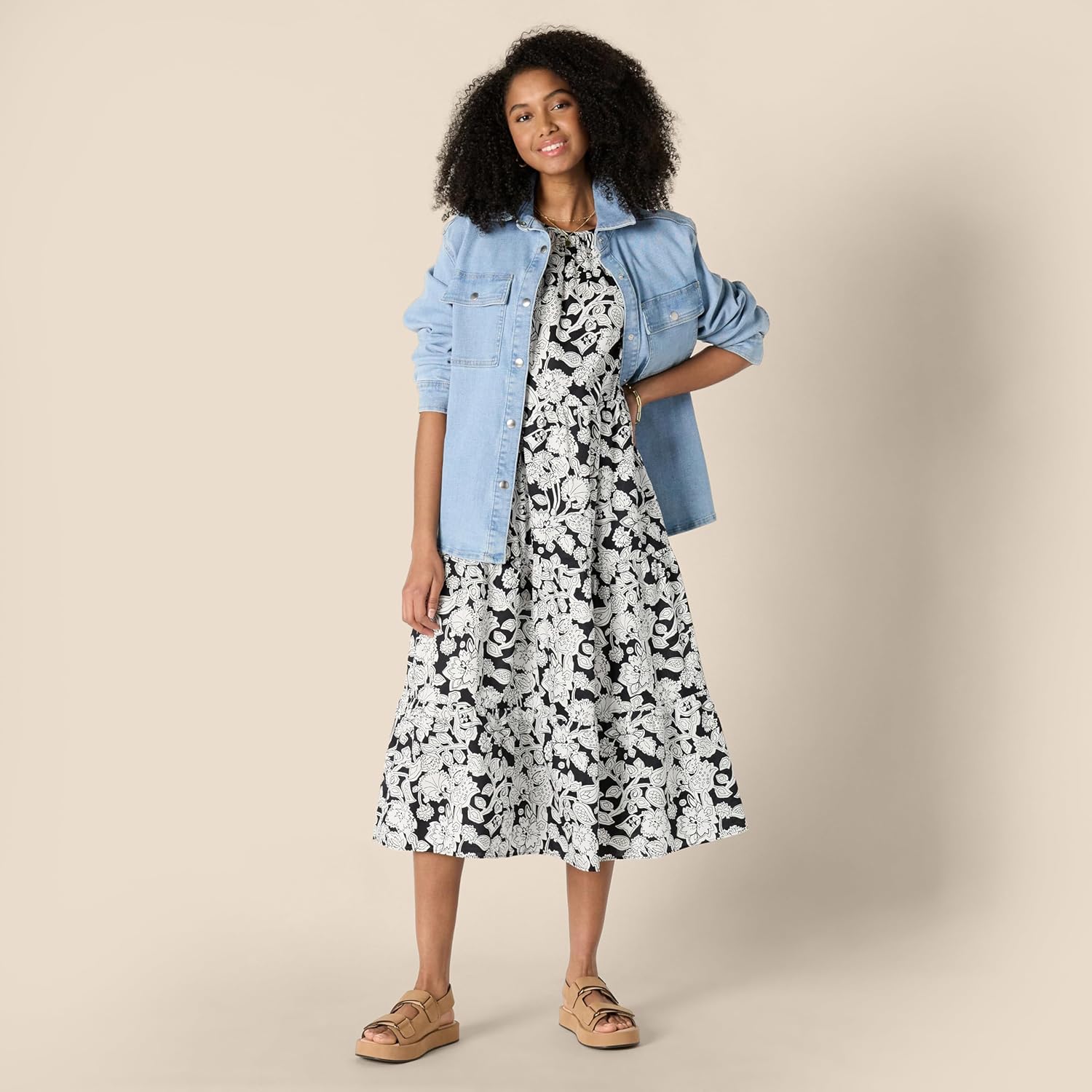 Amazon Essentials Women's Relaxed-Fit Cotton Sateen Crewneck Tiered Midi Dress - Image 5