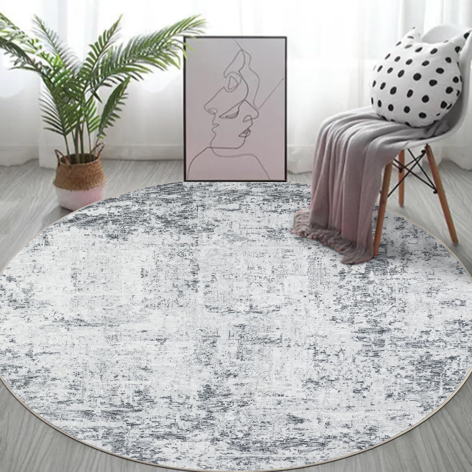 Capslpad Gris Abstrait Tapis Rond ø135cm Tapis Moderne antidérapant Salon Rond Lavable Tapis Ronds Poils Courts Doux Rond Beige pour Salon Chambre à Coucher Bureau à Domicile Décoration