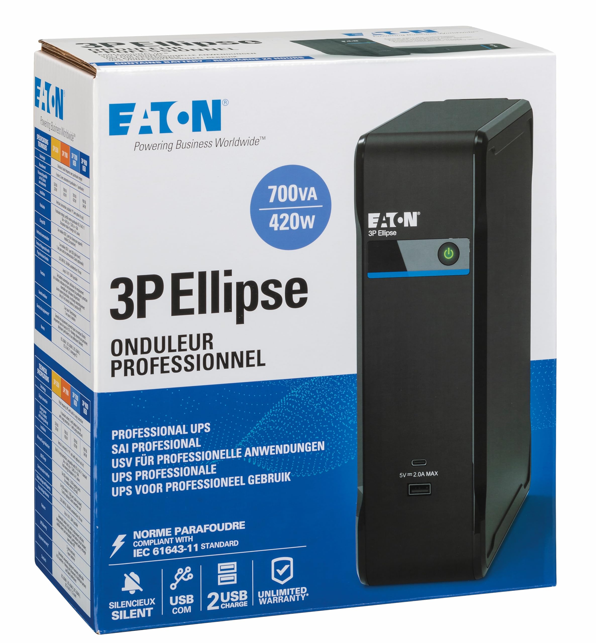 Eaton 3P Ellipse USV Off‑Line 700 VA 420 W 3P700UD 3× Schuko USB Schwarz