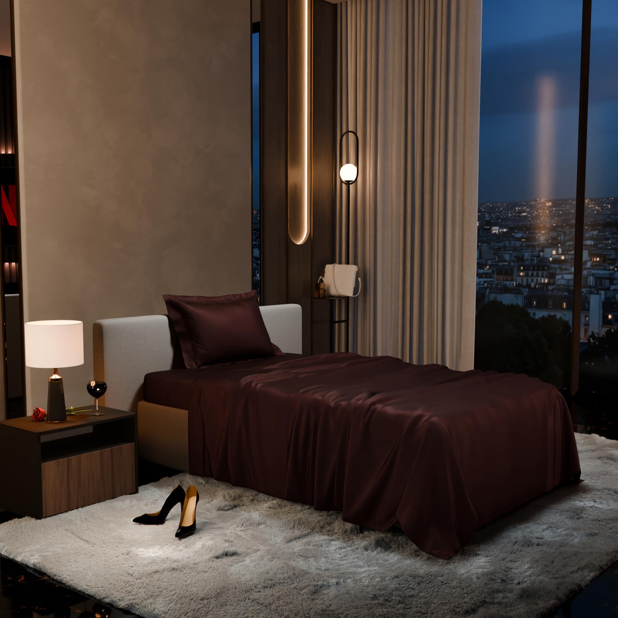 Stoa Paris 300 TC Satin Bedsheet Single Bed with Pillow Covers, Premium Ultra Satin Bedding Set, Gifts for Women, Couples, Wedding, Bedroom Home Furnishing, Date Night Collection - Hot Chocolate