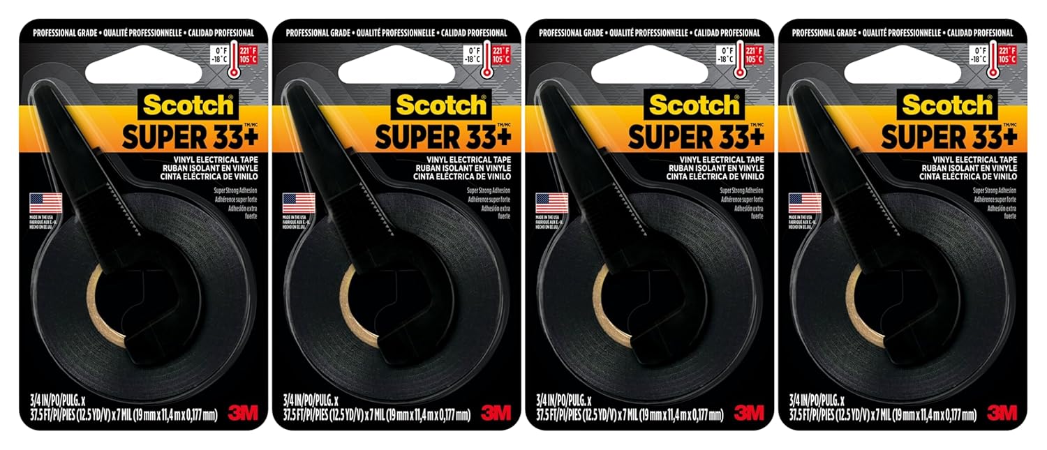 Scotch Super 33+ Vinyl Electrical Tape, 3/4 in x 37.5 ft, Black – Premium All-Weather, Flame-Retardant Electrical Insulation Tape, 4-Pack