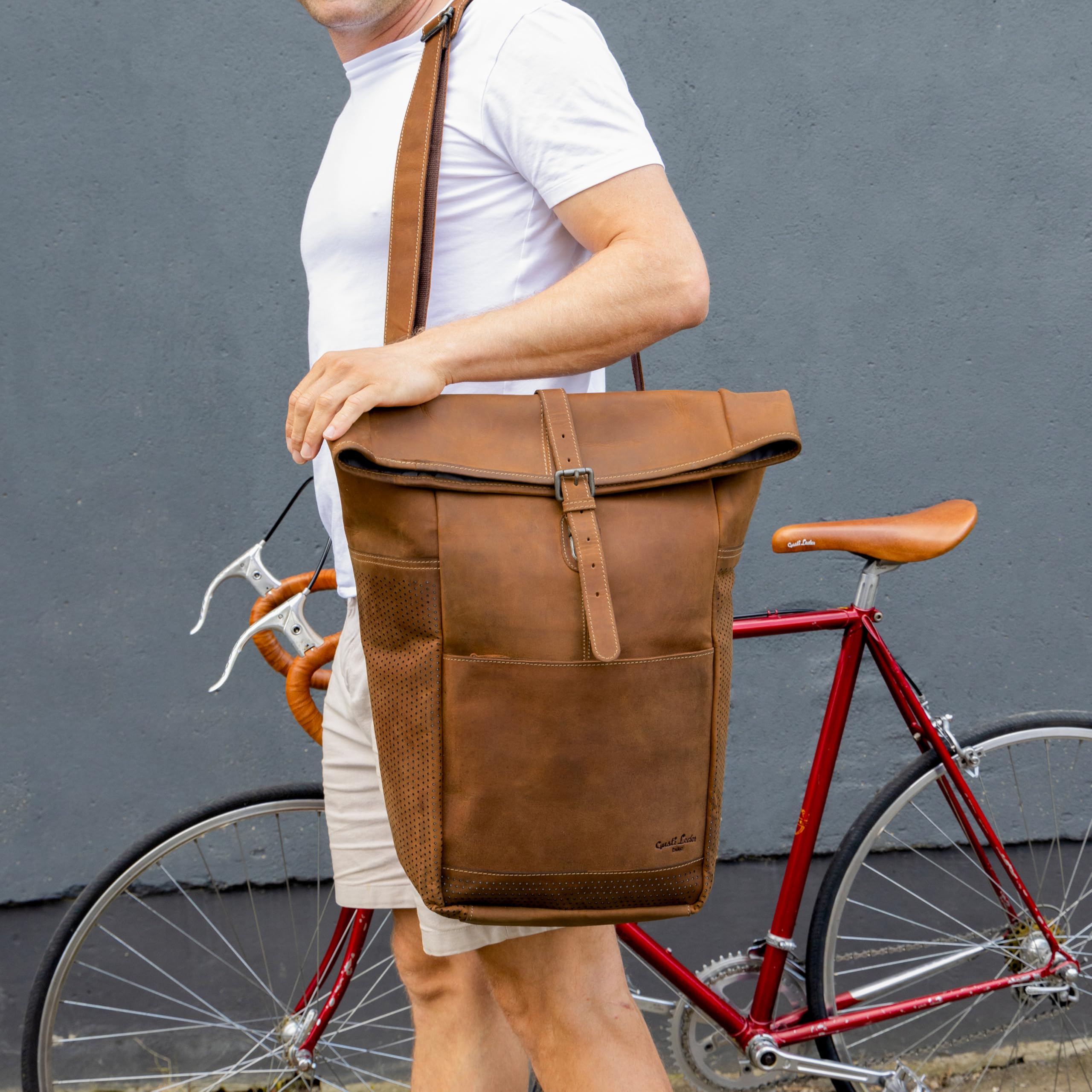 Gusti pelle Borsa portapacchi - Miquel I. Borsa laterale con tracolla per bici grande in pelle marrone