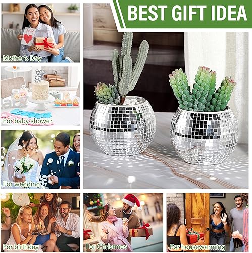 Miniatura 7 de Jinei 12 jarrones de discoteca a granel, espejo plateado, bola de discoteca, flores, bola de cristal, soporte para velas, jarrón de vidrio para mesa