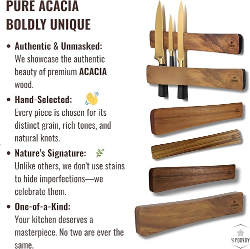 Miniatura 8 de 4 YORVOY Magnetic Knife Holder for Wall-16 inches long Kitchen Organizer- No Drilling Knife Magnetic Strip- Compact Utensil Holder- Acacia Wood