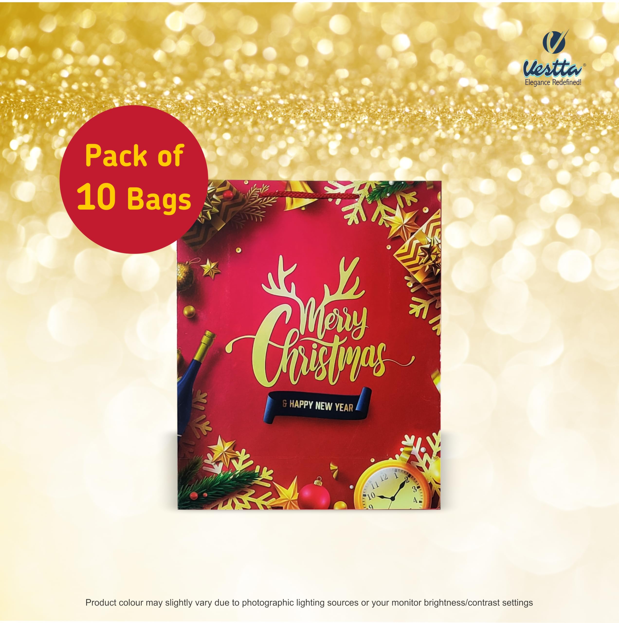 VESTTA -ELEGANCE REDEFINED Gift Paper bag for Christmas Large, 9.65 Inch (L) x 4 Inch (B) x 12 Inch (H), Gloss Laminated, Red Coloured with Merry Christmas written on it with Gift Tags