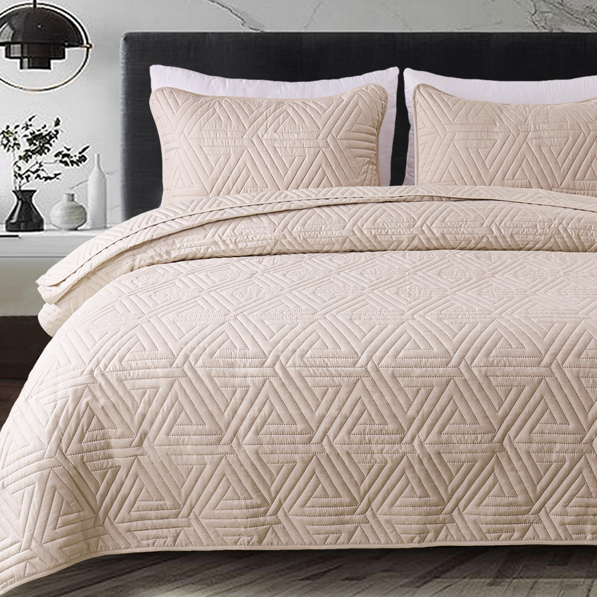 Whale Flotilla Colcha para Cama de 260 x 280 cm, con 2 Fundas de Almohada, Microfibra, Suave y Ligera, con Estampado Geométrico, Ropa de Cama para Todo el Año, Beige