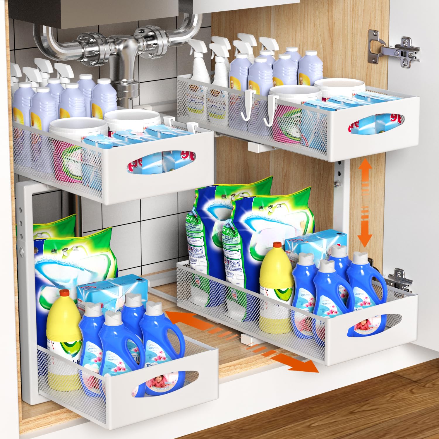 Housolution 2 Pack Under Sink Storage, Height Adjustable Pull Out Under Sink Organiser with Sliding Mesh Drawers, 2 Tier Metal Slide Out Kitchen Storage Rack Shelf for Cupboard, White