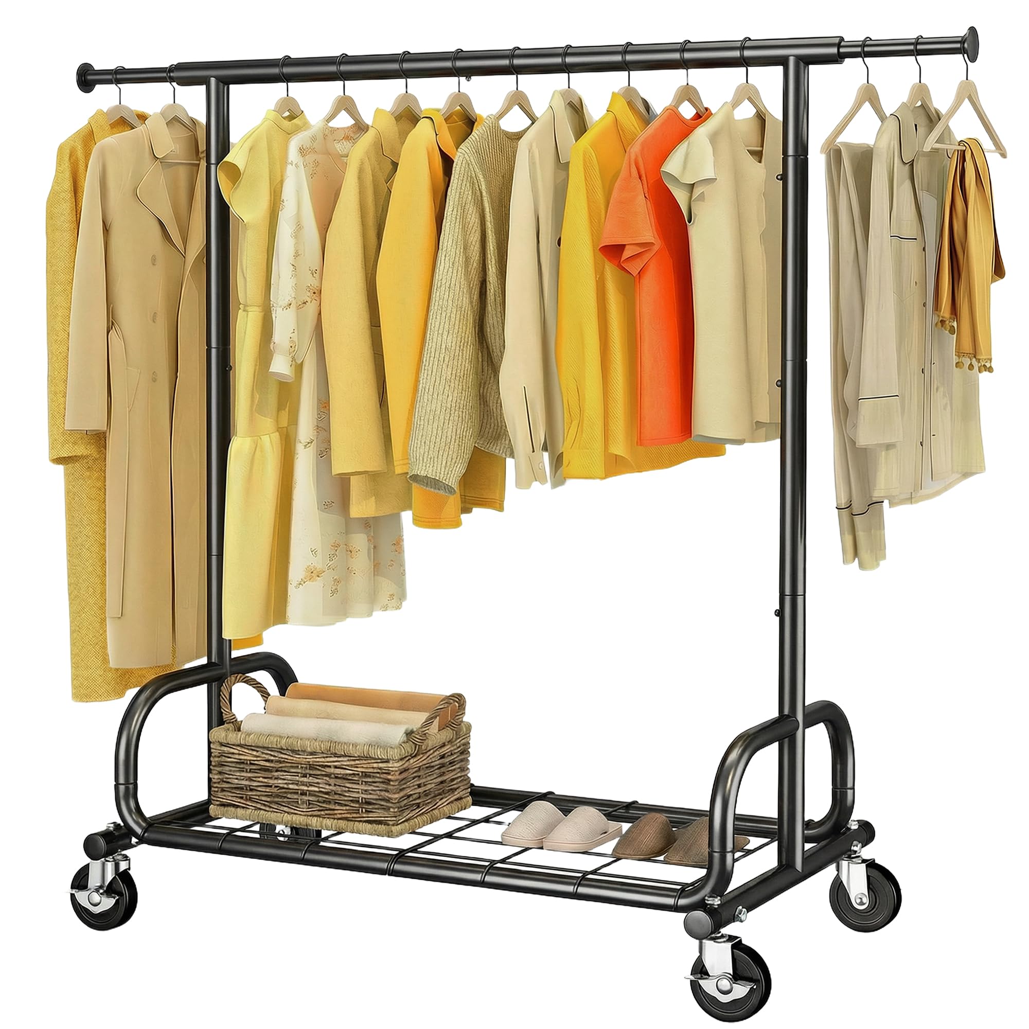 HOKEEPER Heavy Duty Clothes Rail 136kg (300lbs) Capacity, Extendable Hanging Rack with Lockable Wheels & Shelves, Space Saving for Bedroom, Small Apartment, Laundry Room, Black