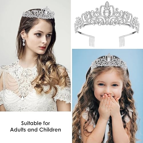 Miniatura 4 de Tiara de cumpleaños para mujeres y niñas, corona de princesa de cristal plateado con peines, elegante corona de reina de cumpleaños y banda para