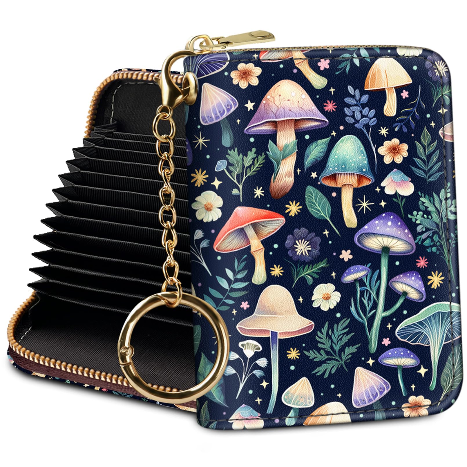 Credit Card Holder RFID Wallet, Small Card Holder Wallet for Women with Keychain Zipper, Funny Leather Print Credit Card Wallets Accordion Gift