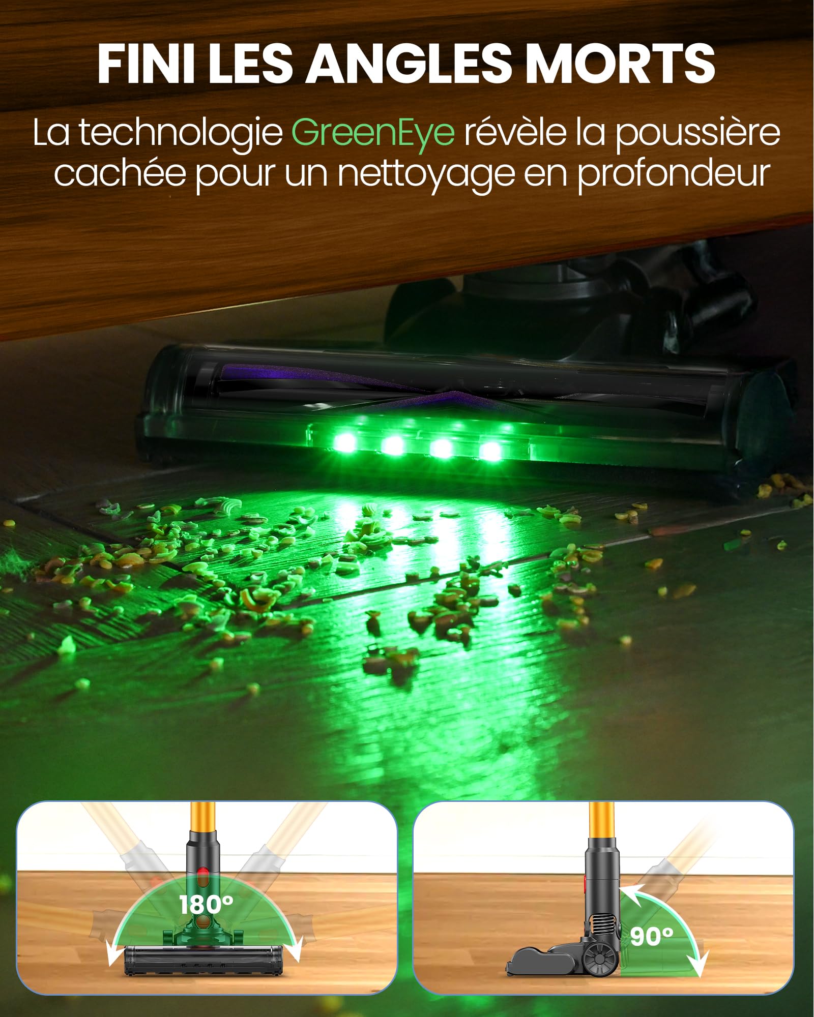 DP2 Aspirateur Balai Sans Fil À Double Batterie, 45KPa/60Min/500W, Affichage LED, Tube Télescopique, Autoportant, Lumière Greeneye, pour Nettoyage Maison, Poils D'animaux, Moquettes et Sols Durs