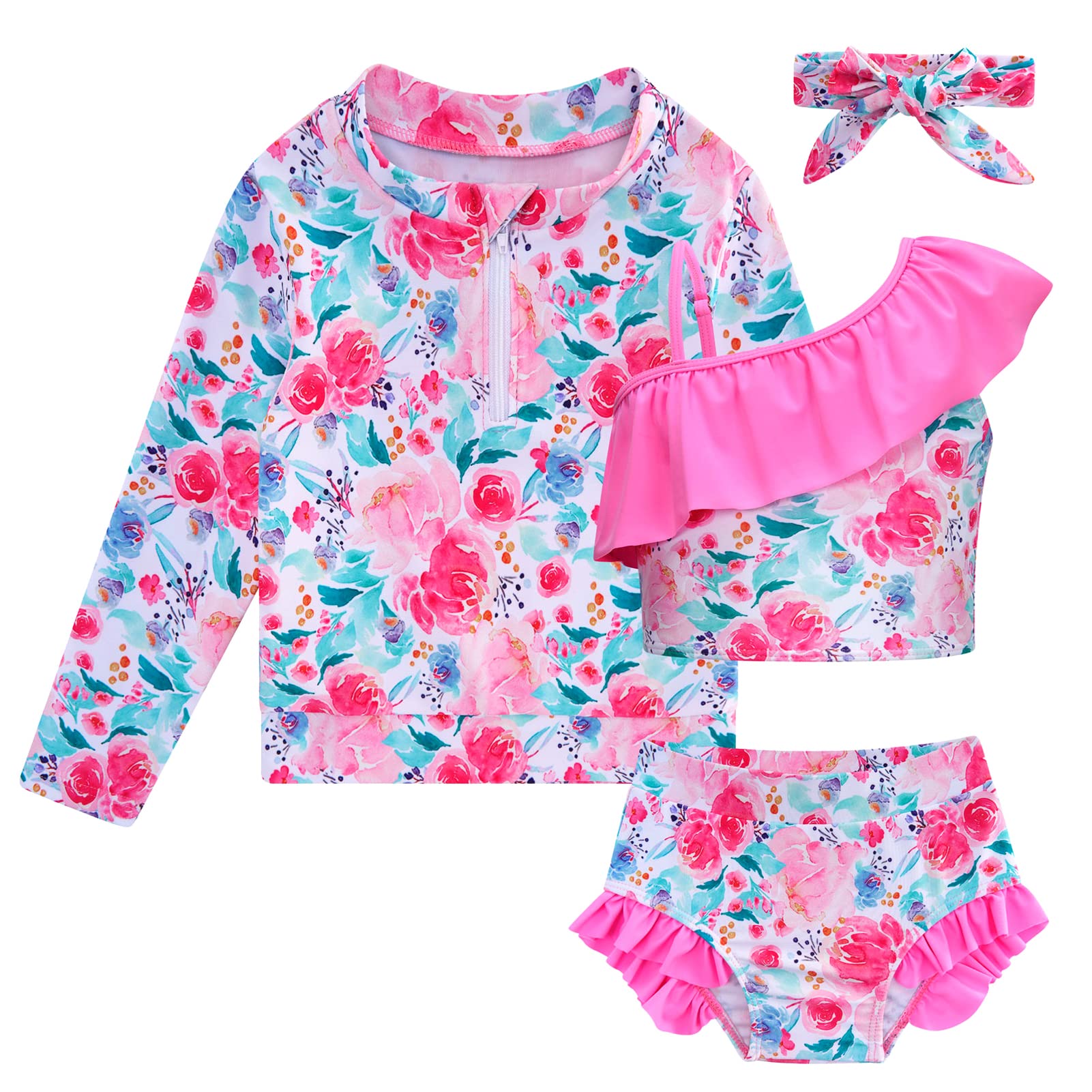 Funnycokid Baby Toddler Girls Swimsuit 4 Piece Bathing Suit Long Sleeve Rash Guard Sets 12 Months-7 Years