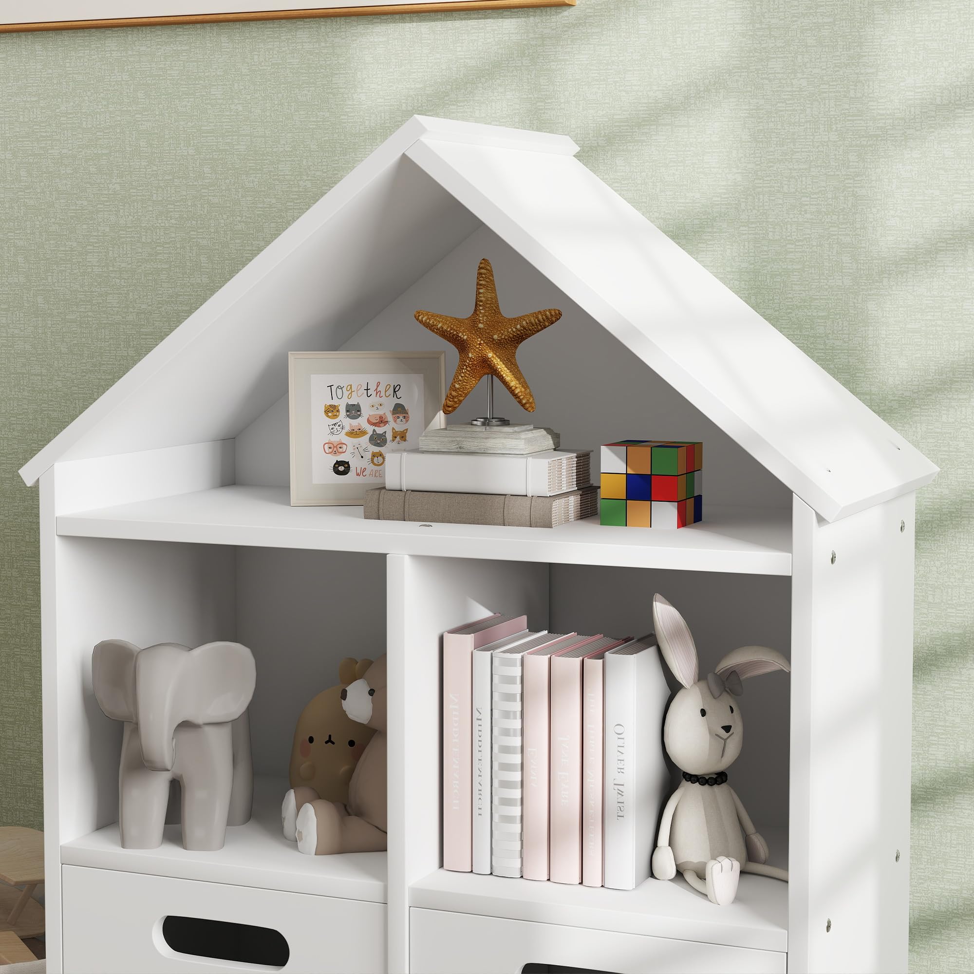 AIYAPLAY Bibliothèque Enfants 3 Niveaux 2 Tiroirs 63,7x29,7x89,5 cm Blanc | Meuble de Rangement, Forme Maison, pour Chambre à Coucher Et Chambres d'Enfants