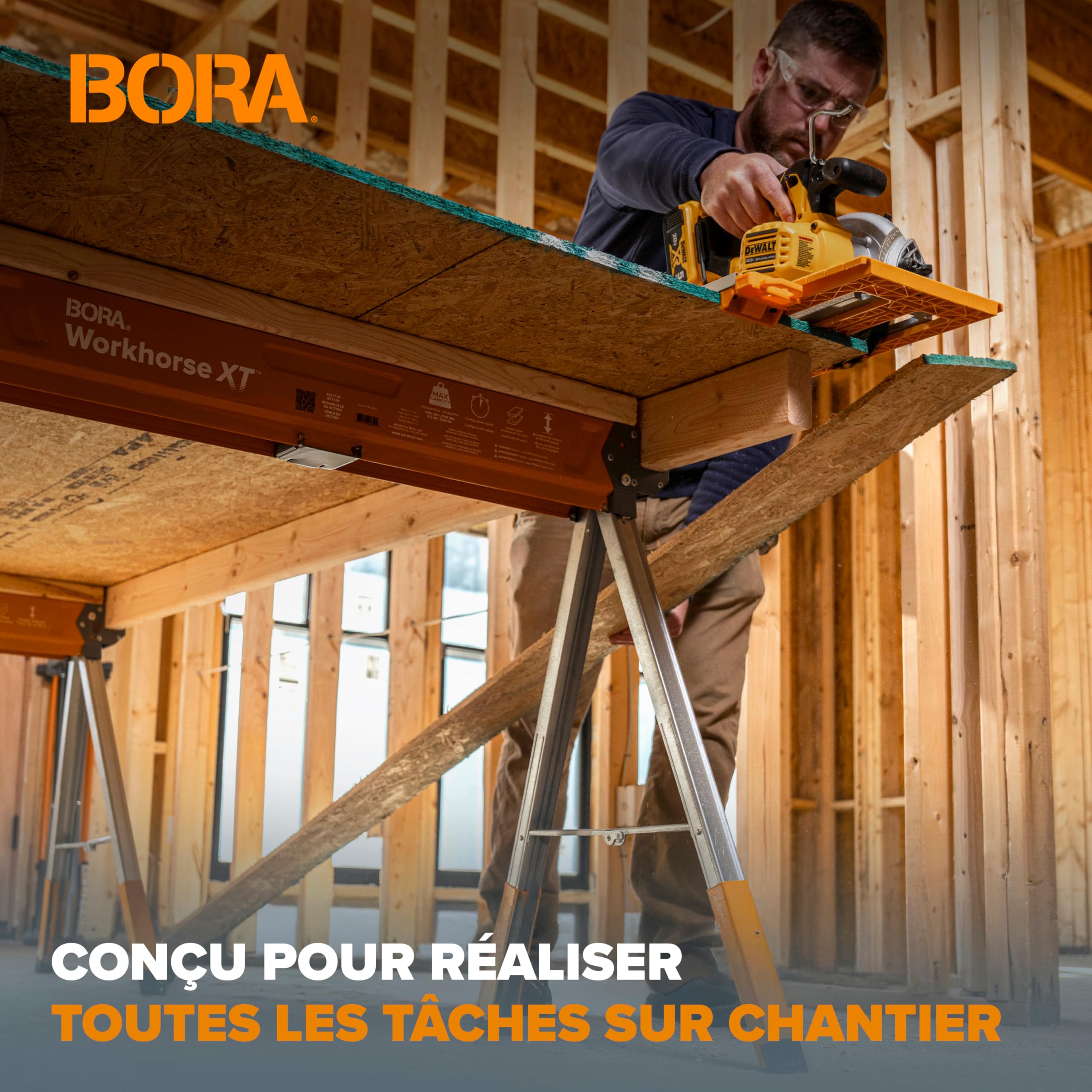 BORA Workhorse XT PM-3360T Lot de 2 chevalets de sciage pliables et réglables en hauteur avec pieds réglables pour entrepreneurs Établi portable avec décapsuleur intégré