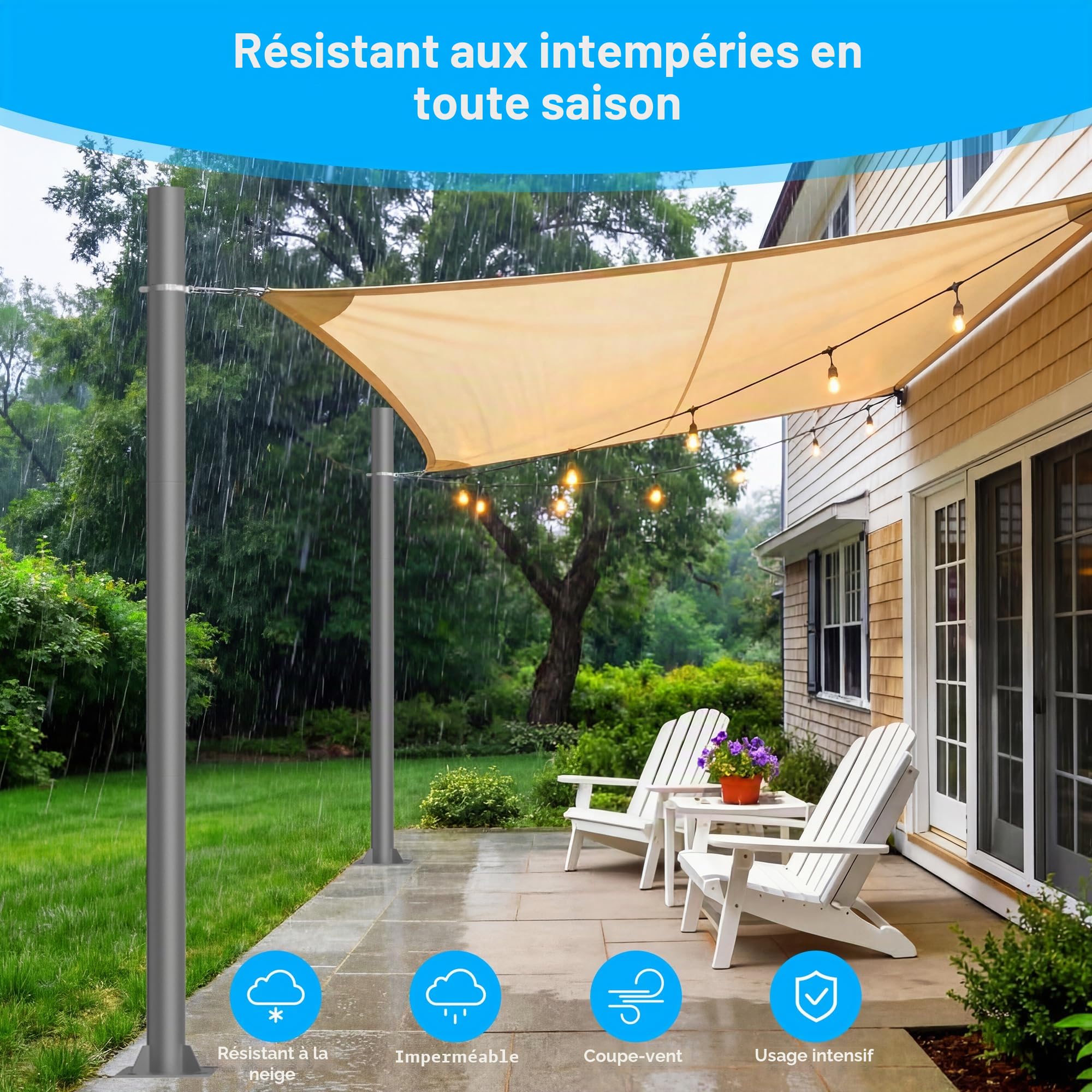Mât de voile parasol réglable en hauteur 3m en acier - Poteau robuste (épaisseur de paroi de 2,5 mm) avec kit complet de fixation pour jardin, terrasse et balcon