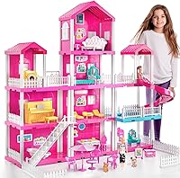JUKUDAHU Pink Villa Dollhouse Playset for Girls 3-8: 4-Story 10-Room House with 2 Dolls, 31 Furniture Pieces, Slide & Accessories