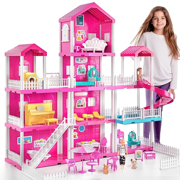 Pink Villa Playset for Girls Ages 3-7, 4-Story 10-Room House with 2 Dolls, Furniture & Accessories, Pretend Play Toddler Toy, Birthday Gifts for Kids 3-8
