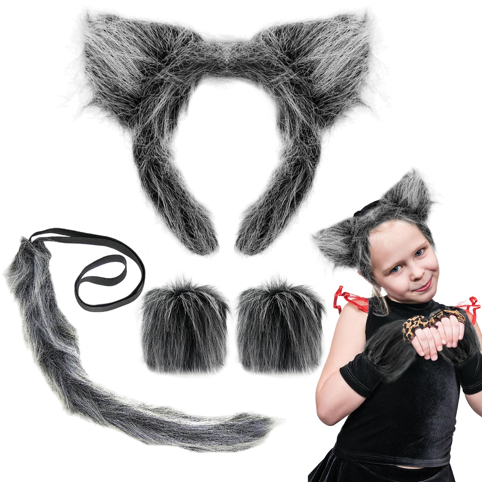 UILYNIU 4 Pcs Wolf Costume Accessory Set: Wolf Ears, Gloves, Tail for Kids & Adults - Werewolf Fancy Dress Accessories for Halloween & Cosplay