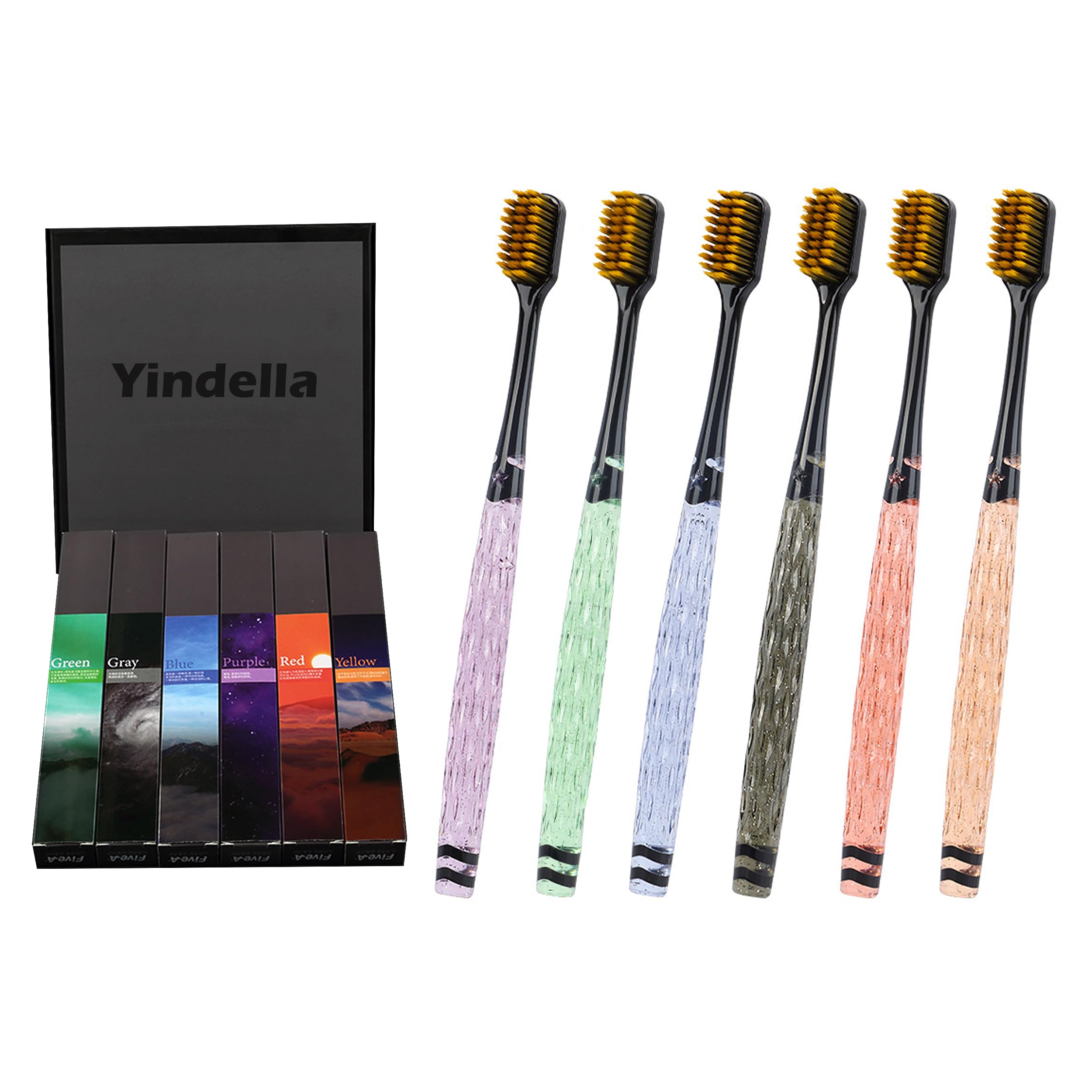 6 Pcs Toothbrush Soft Bristles Manual Tooth Brush for Adults Deep Clean Multicolour Crystal Handle Great for Sensitive Teeth