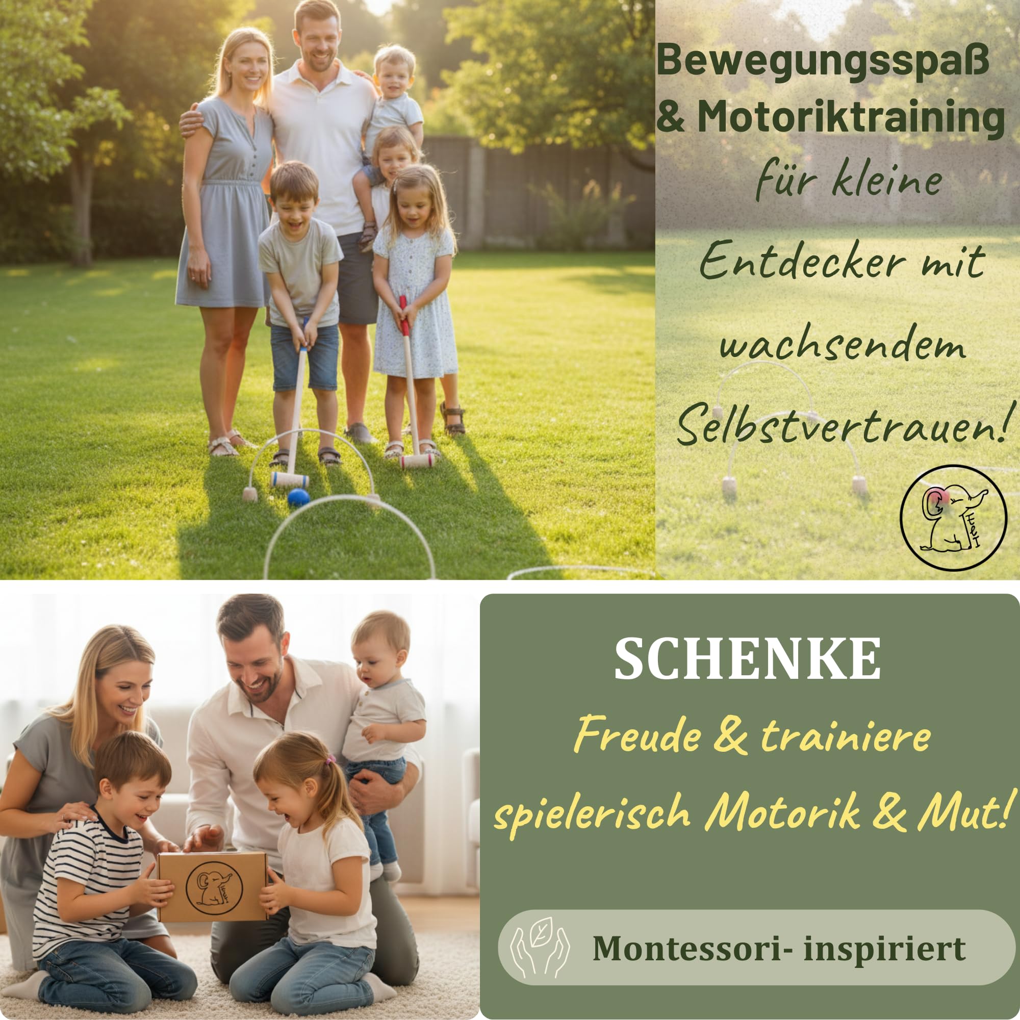 Eli® Jeu de croquet pour enfants avec raquette – Cibles et balles en bois – Kit de crocket pour l'intérieur et l'extérieur – Jouet à partir de 3 ans – Jouet en bois