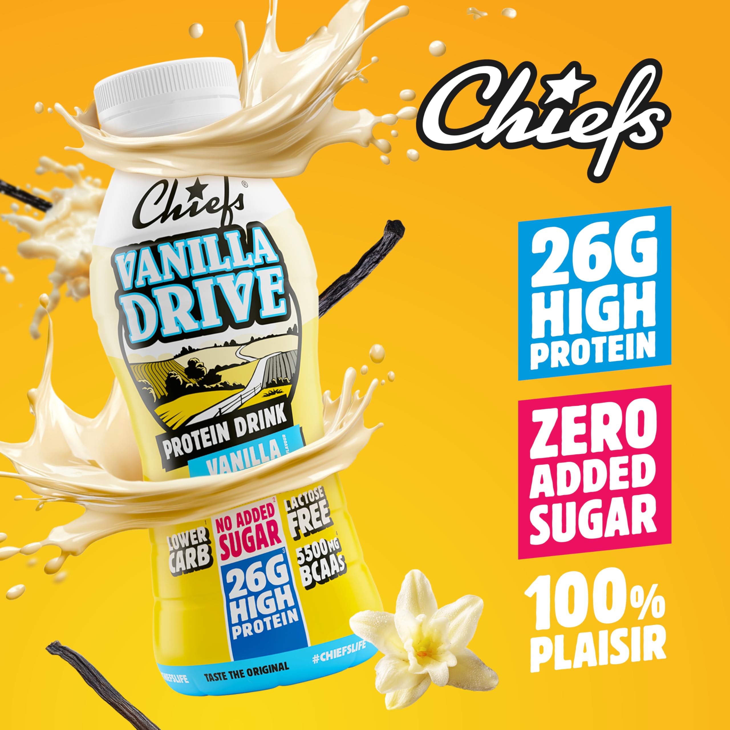 Chiefs® Milk Protein Drink avec 25g de protéines et BCAA • Shake de haute protéine à faible teneur en carbes, sans lactose et faible en sucre • 8 x 330ml (Banana)