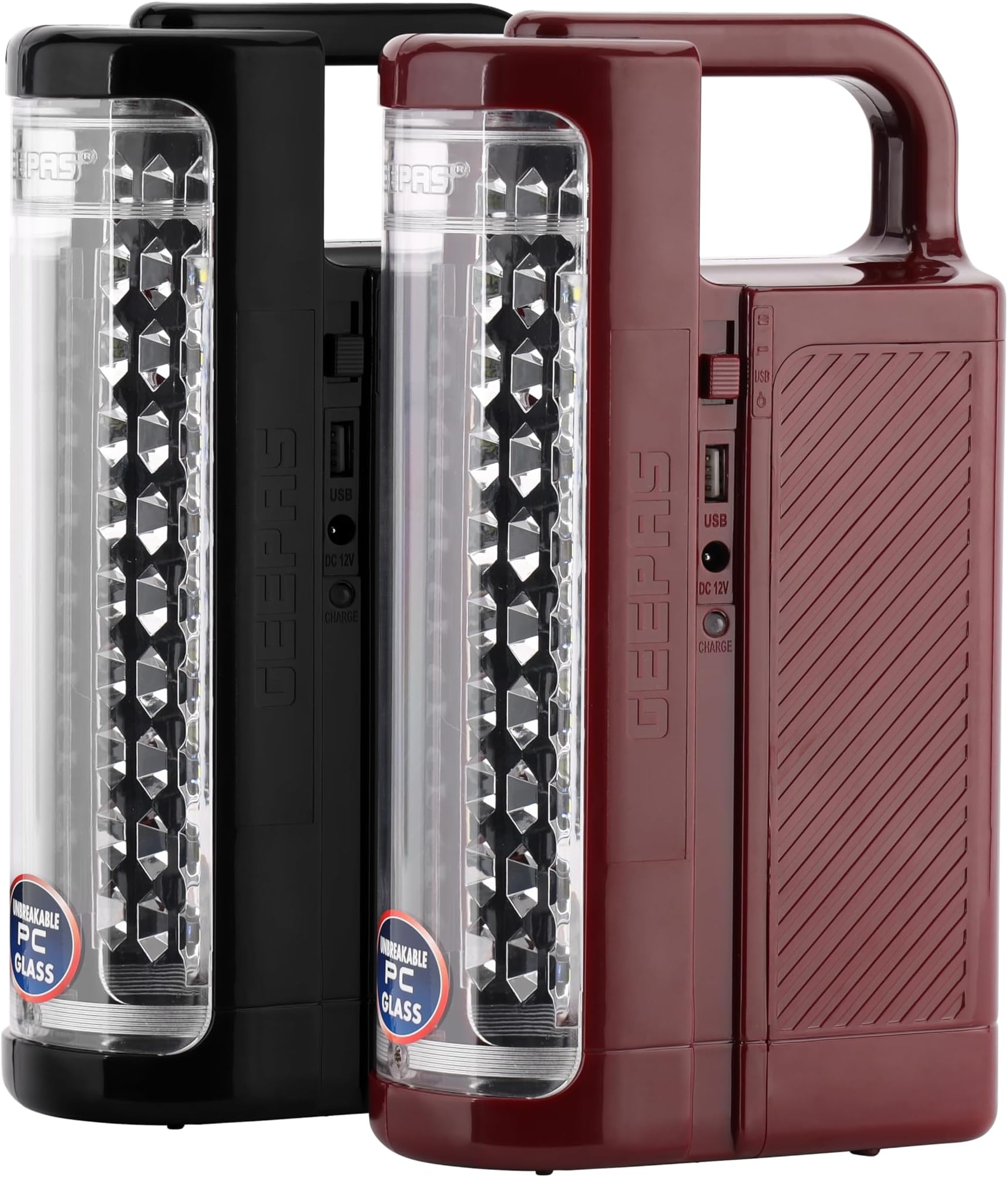 Geepas 24 Mega Luminous LED's Rechargeable LED Lantern Set Of 2 | 30 Super Bright SMD LEDs, Energy Efficient, USB Charging Red & Black