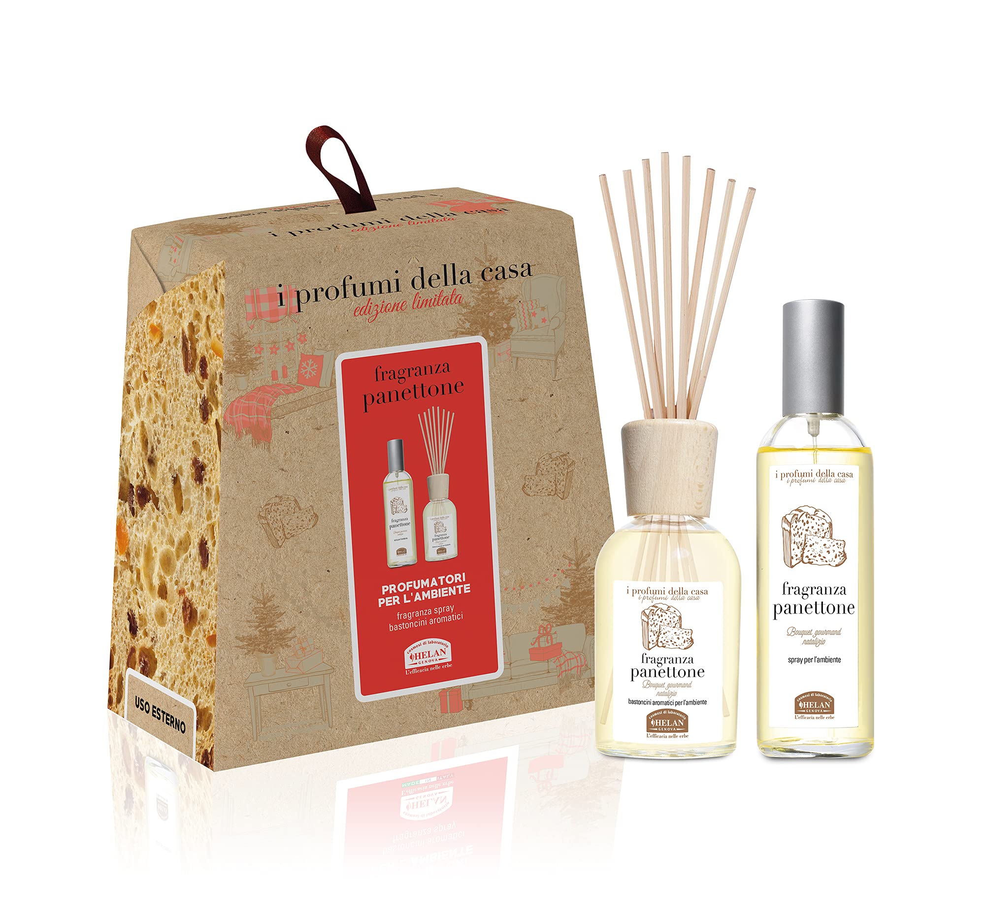 Helan Panettone - Gift Set with Diffusers for Home, Reed Diffuser with Scented Wooden Sticks 100 ml + Room Spray Fragrance 100 ml, Gift Ideas, Reed Diffusers for Home Fragrance - Made in Italy