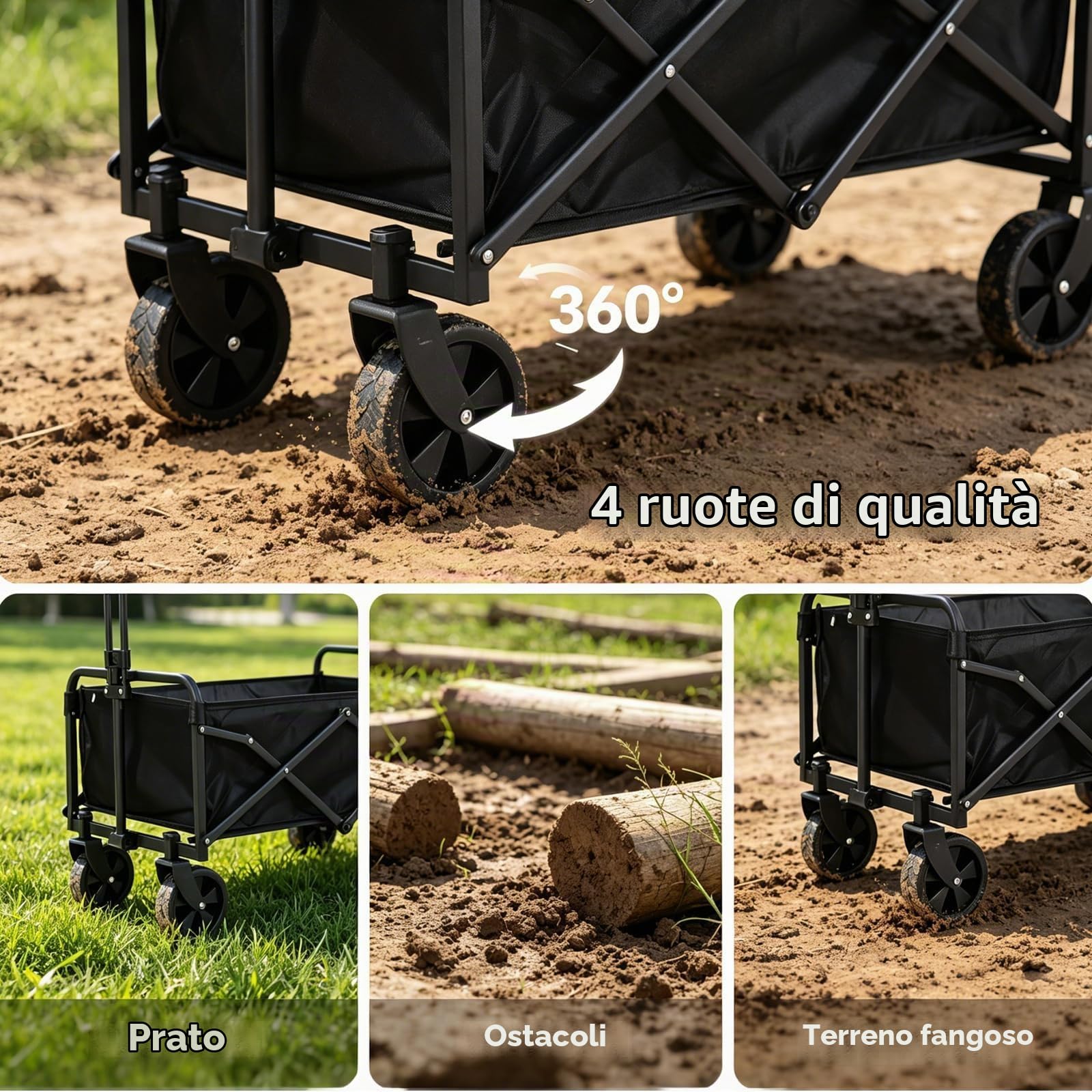 Carrello pieghevole da 100 l, con pneumatici e ruote