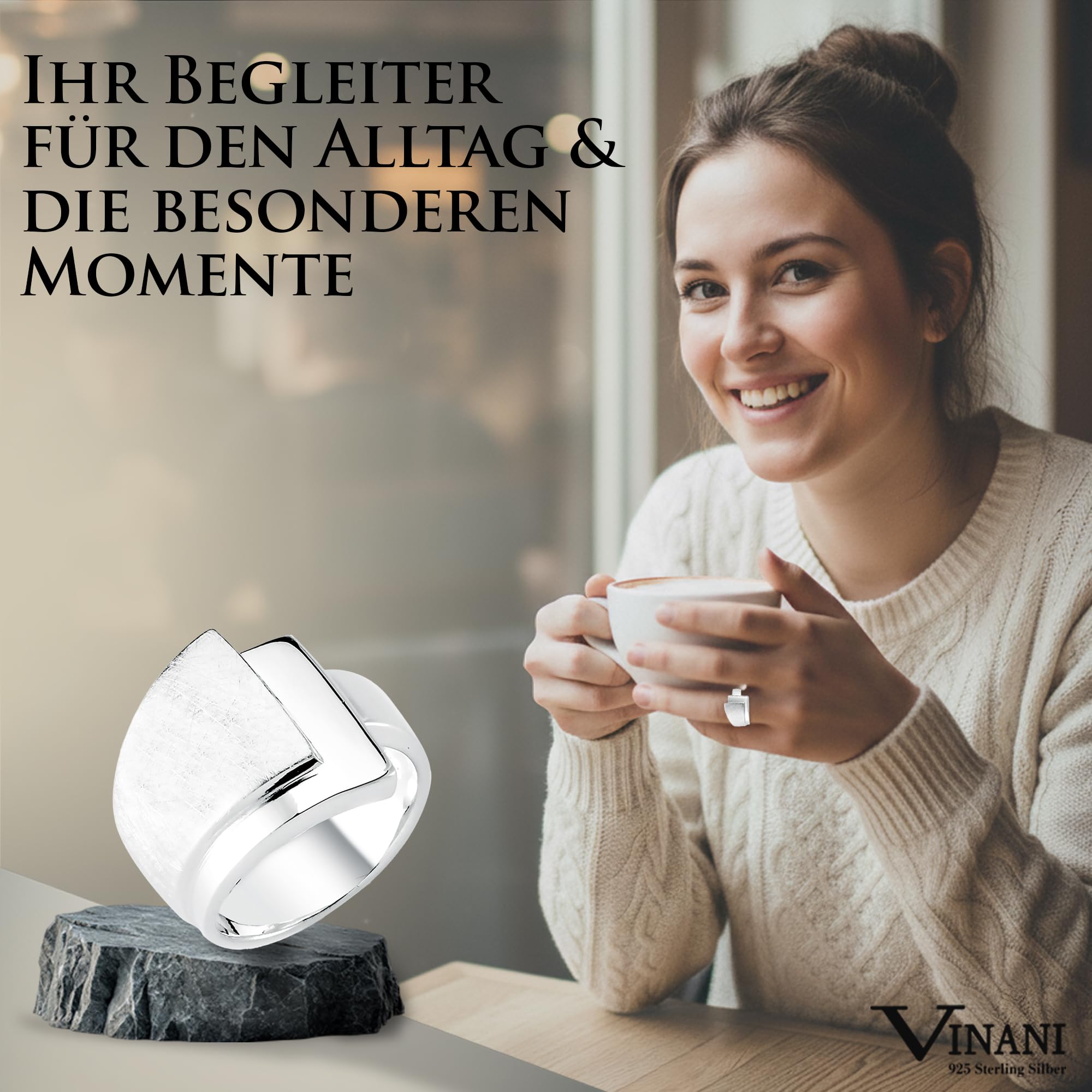 Vinani Damenring, 925 Sterling Silber – Schichten-Design mit 3 Ebenen, gebürstet und poliert, breites massives Band, handgefertigter zeitloser Schmuck für Damen