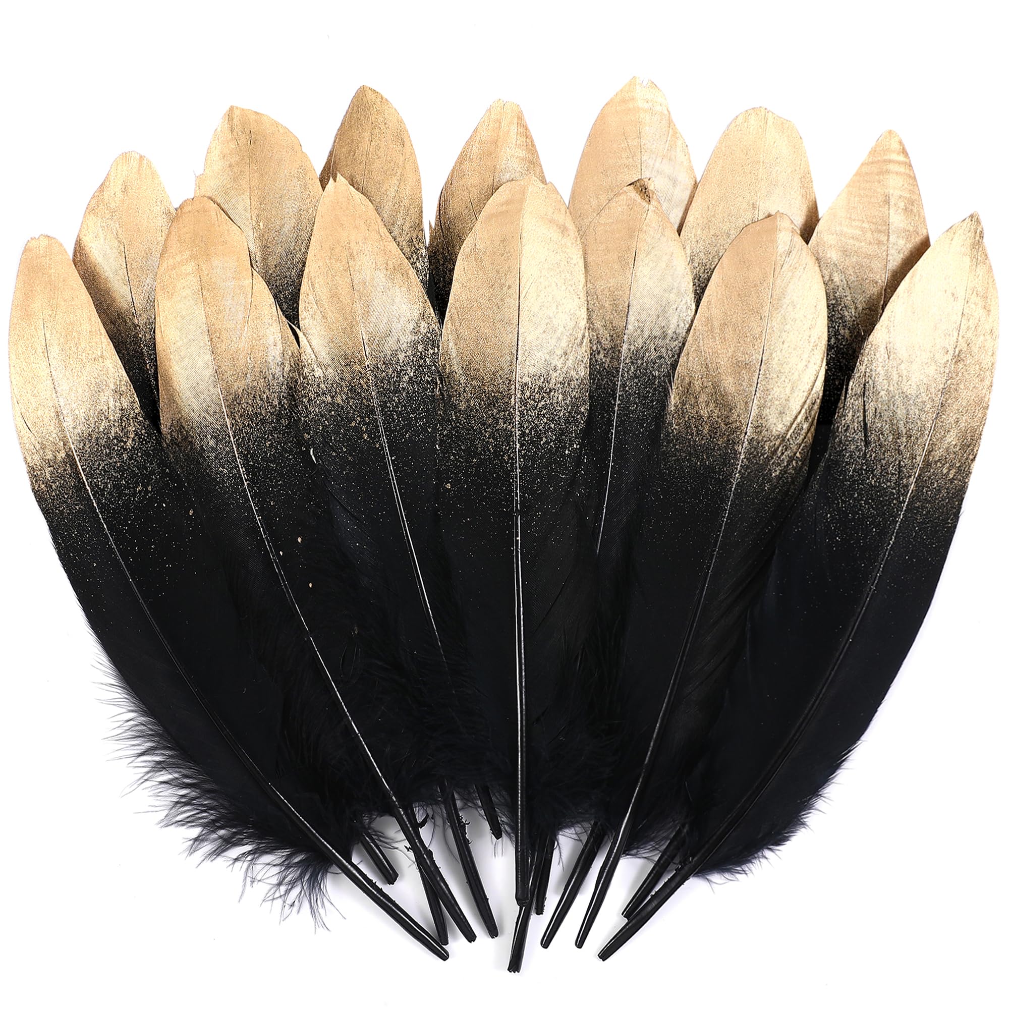 Larryhot Dipped Black and Gold Goose Feathers Bulk for Crafts,6-8Inch,60Pcs