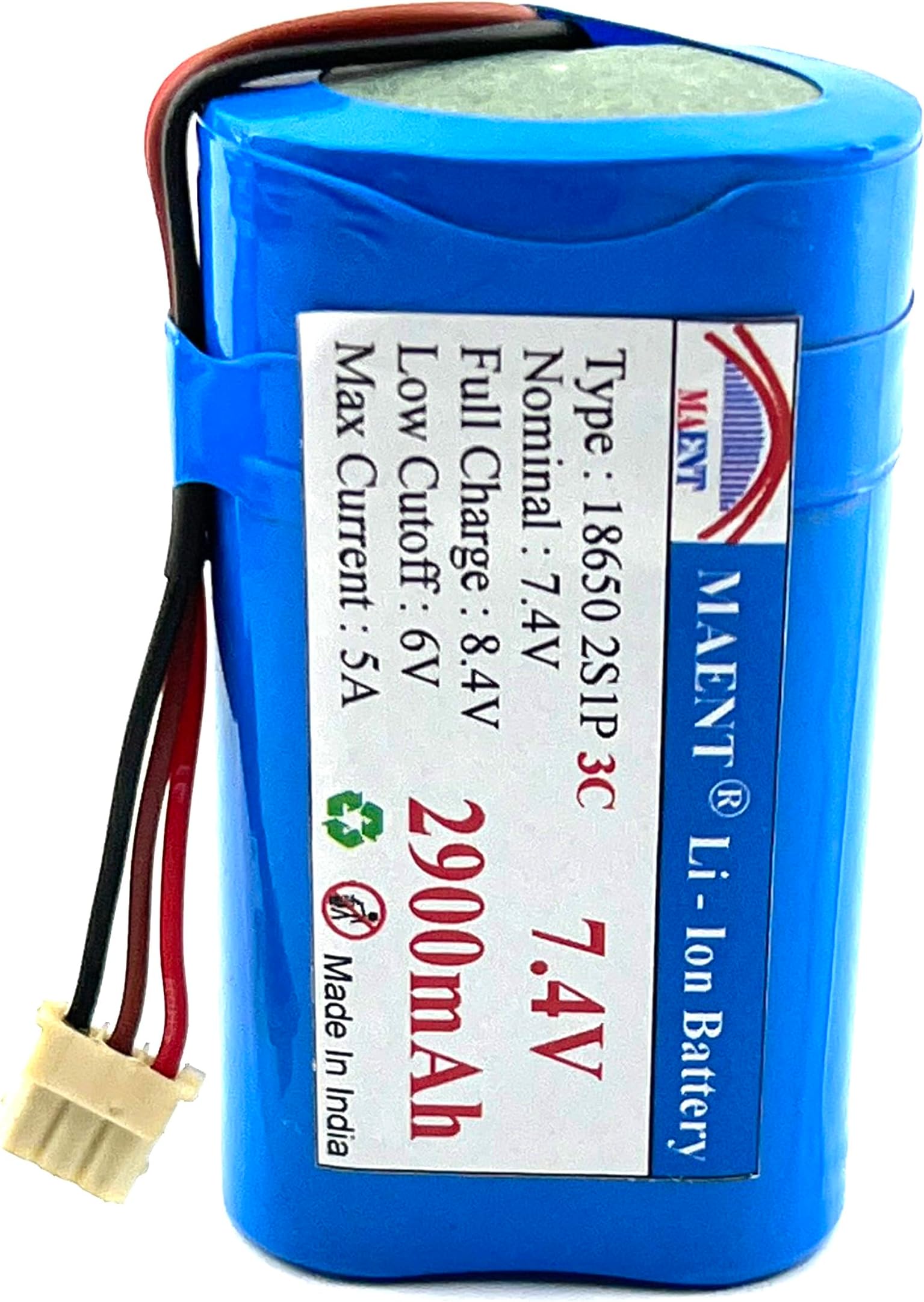 MAENT® 7.4V 18650 Lithium ion Rechargeable Battery 2S1P with 5264 pin 8.4V for POS Swipe Industrial Machine - 3C Rated (3 Pin 3 Wire, 2900 mah)