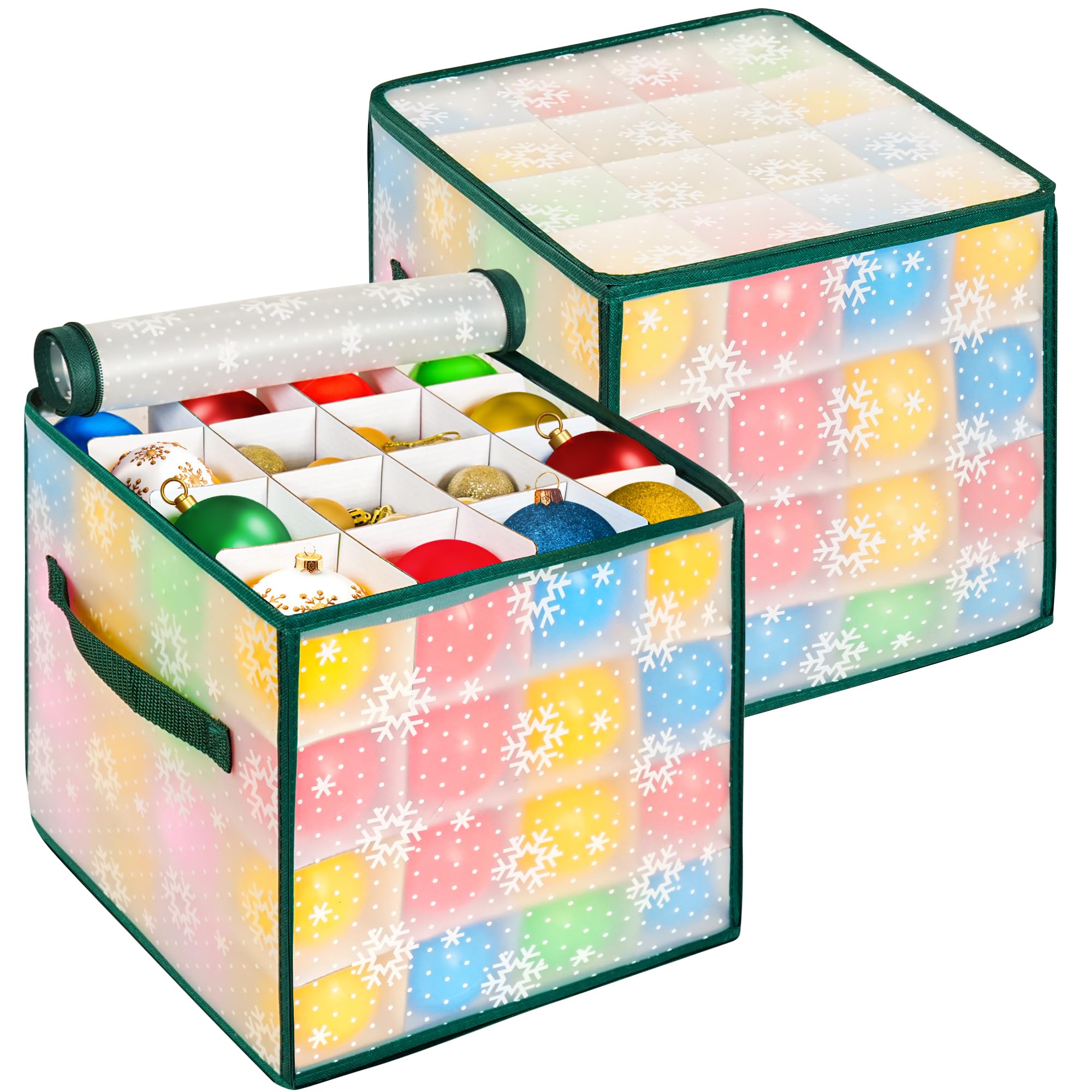 Enipate 2 Pack Christmas Bauble Storage Box Cube With Dividers, Foldable Clear Xmas Ornaments and Decorations Container, Stores up to 64 Baubles, 4 Layer Holder with Card Slot, Zipped Lid & 2 Handles