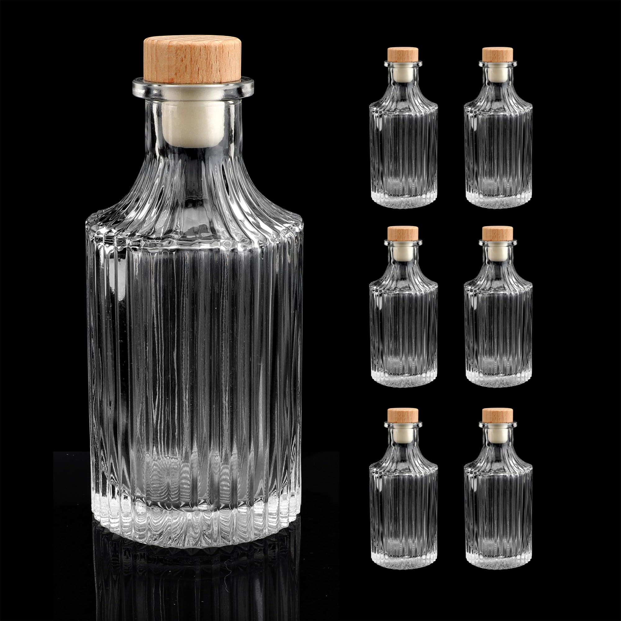 PTSGCAI Clear Glass Bottles 8 oz - 250ml [Pack of 6] Heavy Base Glass Bottles with T-Top Cap for Wine Beverages Drinks Oil Vinegar Kombucha Beer Water Soda with Cork Stopper Airtight Lid (Stripe)