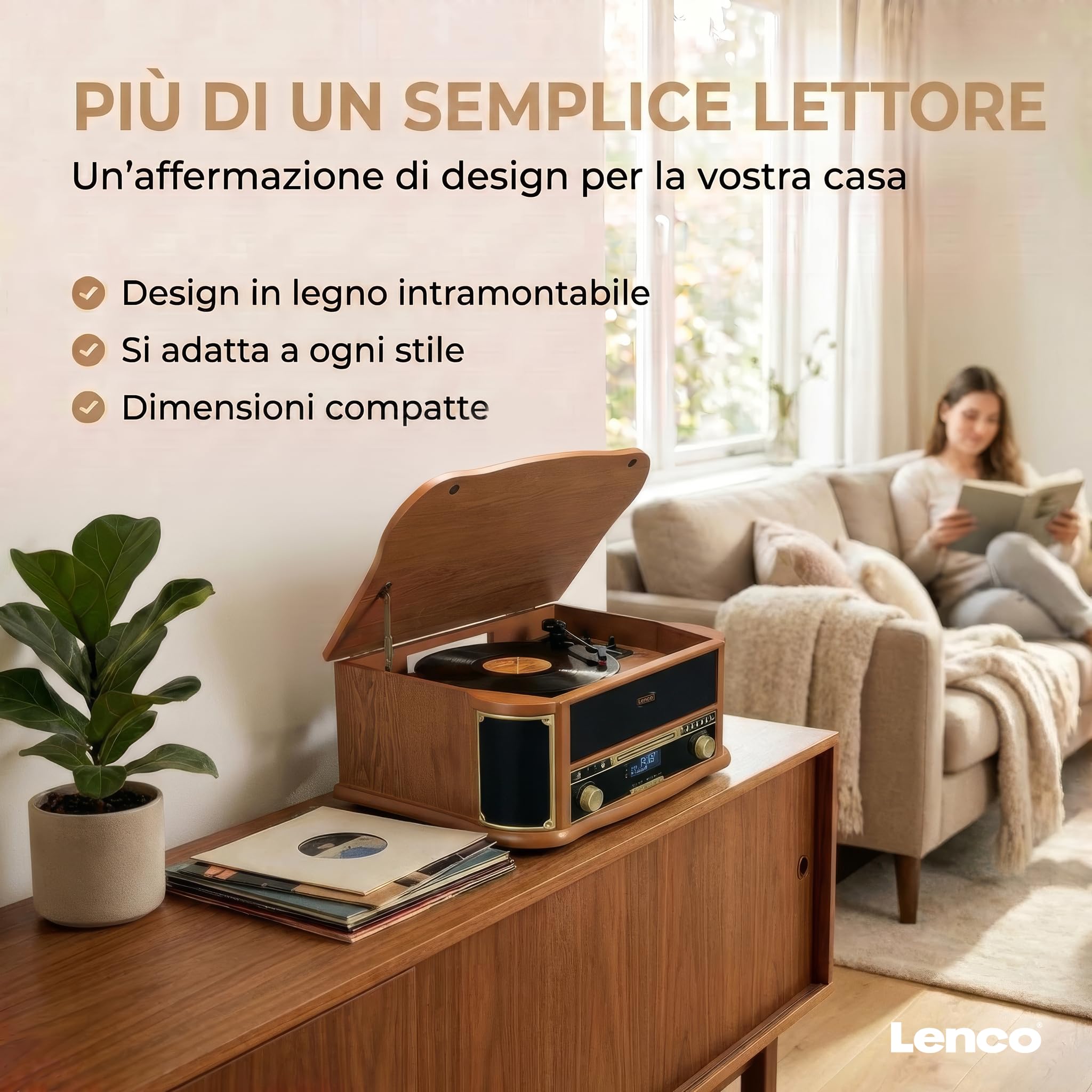 Lenco TCD-2571 Giradischi, Giradischi Vinili - Bluetooth - altoparlante, radio DAB+, lettore CD, 3 velocità, trasmissione a cinghia, 2 x 5 Watt, legno