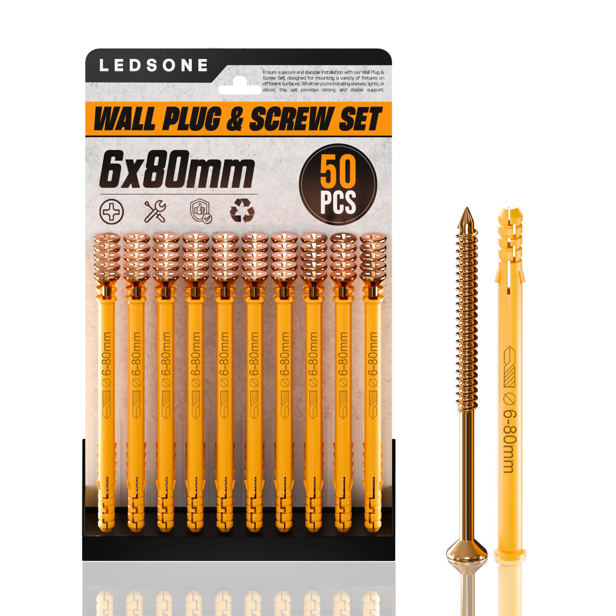 LEDSone Screws and Wall Plugs Set, 6 x 60 mm, 50 Pieces, Masonry Brick Concrete Fixings Raw Wall Plug Kit