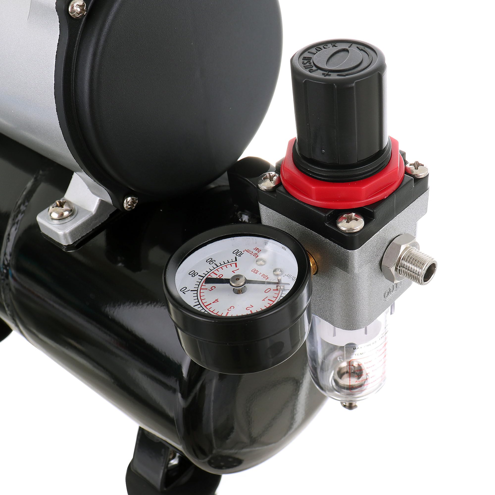 TC TECHNIC - Kompresor do aerografu - Air Compressor - do modelarstwa, z butlą o pojemności 3 l, gwintem 1/8", napięciem 230 V, przepływem 23 l/min, filtrem i regulatorem ciśnienia - AS-189